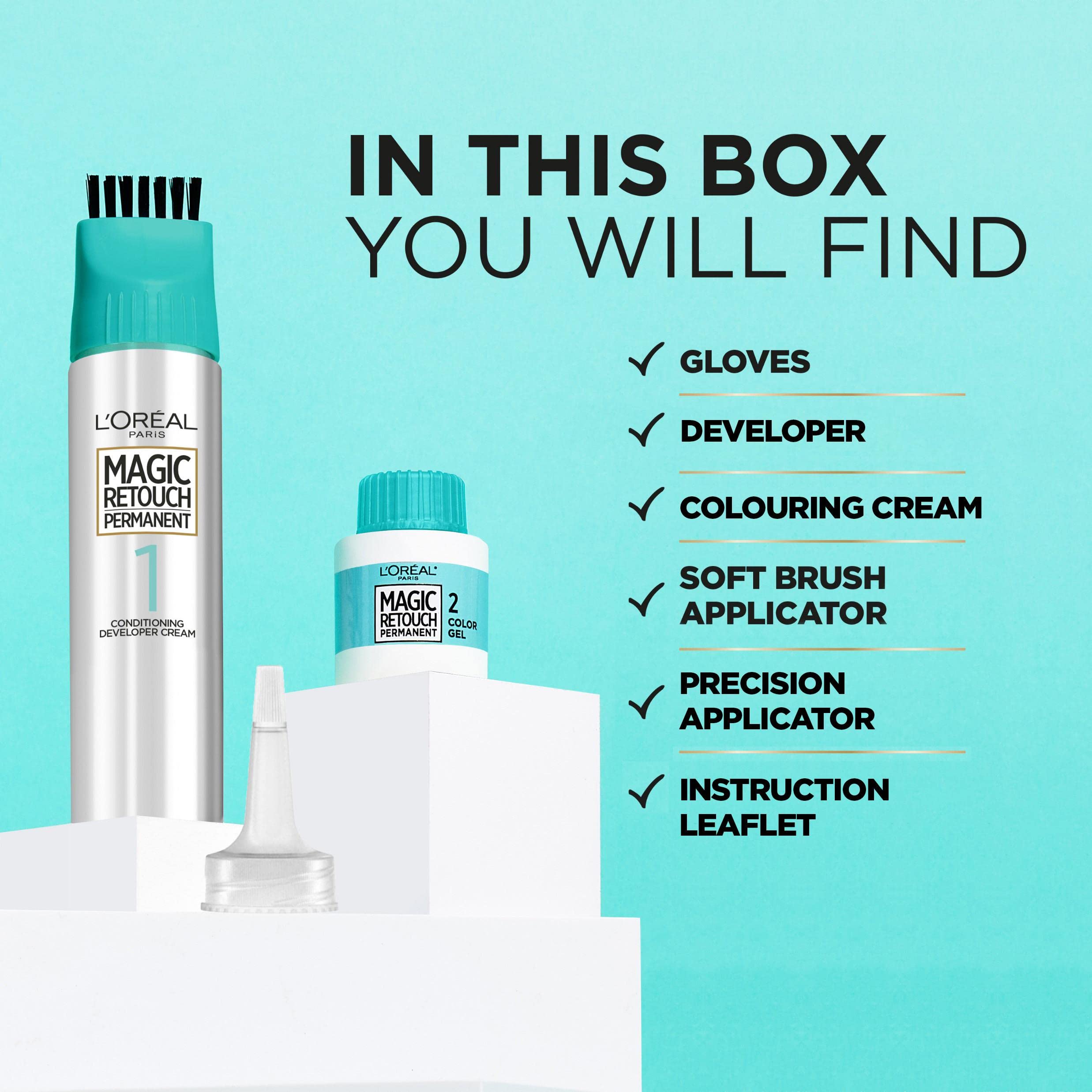 L'Or'eal Paris Magic Retouch Instant Root Spray, Dark Brown 4. Delivers flawless coverage for grey regrowth in 3 sec. 75ml Dark Brown 4 shade provides a quick, easy natural-looking solution for roots. - Damaged Box