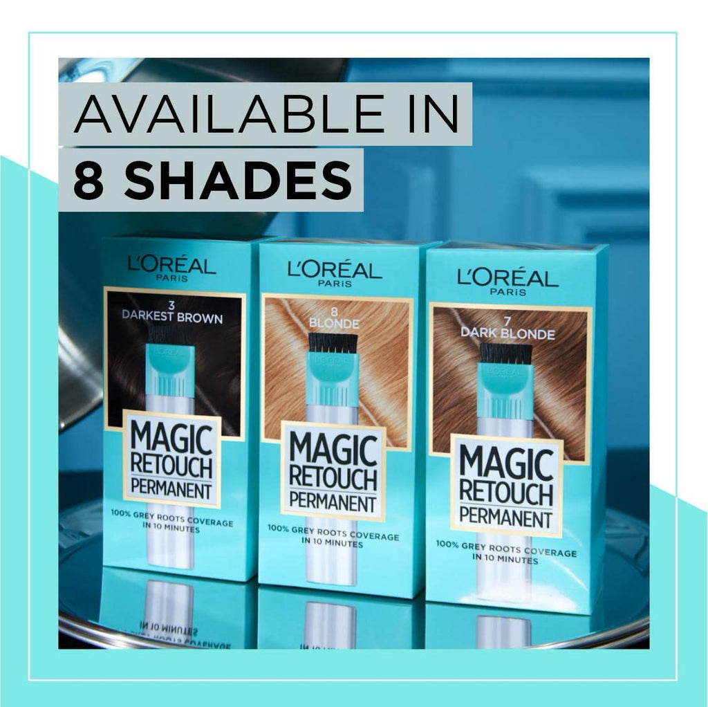 L'Or'eal Paris Magic Retouch Instant Root Spray, Dark Brown 4. Delivers flawless coverage for grey regrowth in 3 sec. 75ml Dark Brown 4 shade provides a quick, easy natural-looking solution for roots. - Damaged Box