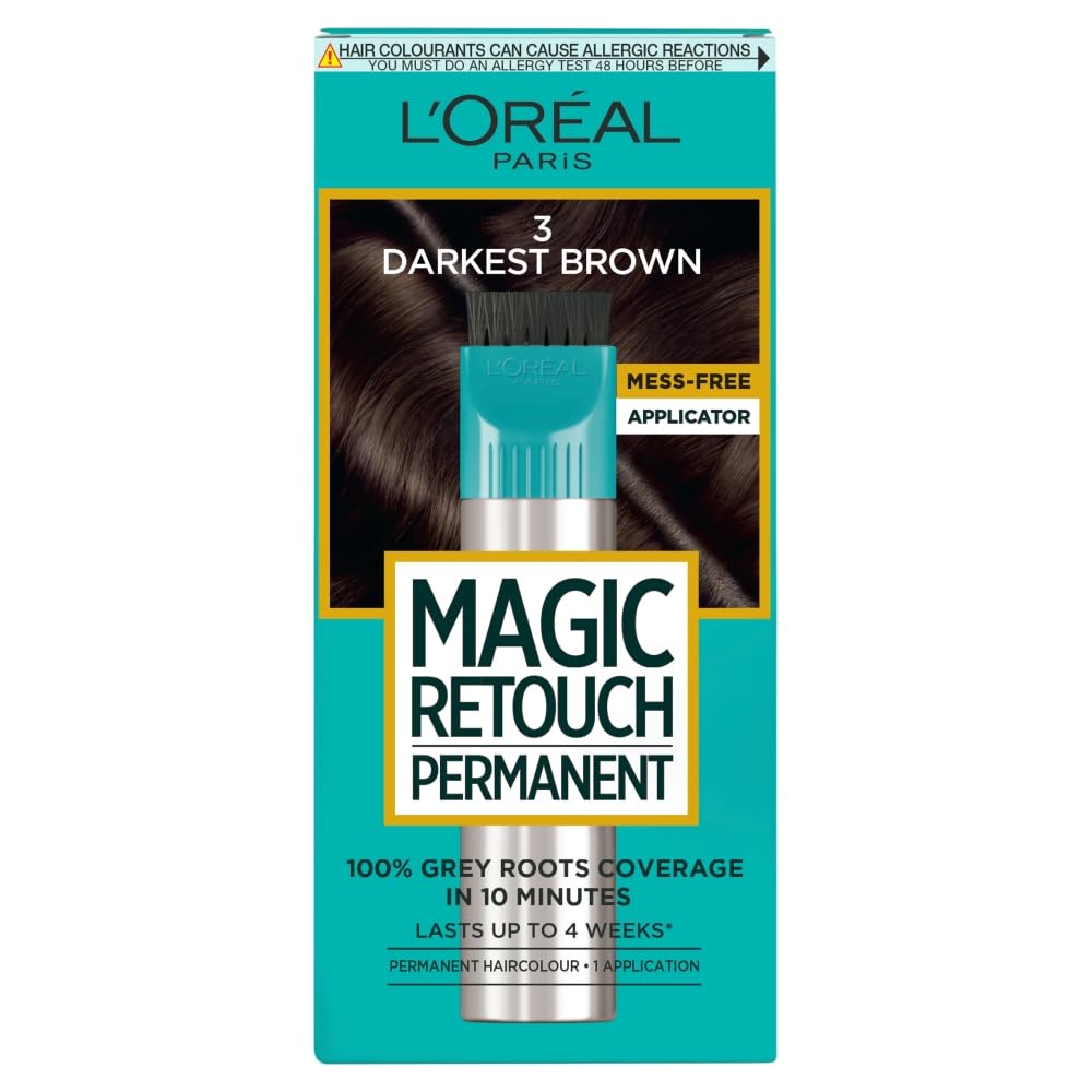L'Or'eal Paris Magic Retouch Instant Root Spray, Dark Brown 4. Delivers flawless coverage for grey regrowth in 3 sec. 75ml Dark Brown 4 shade provides a quick, easy natural-looking solution for roots. - Damaged Box