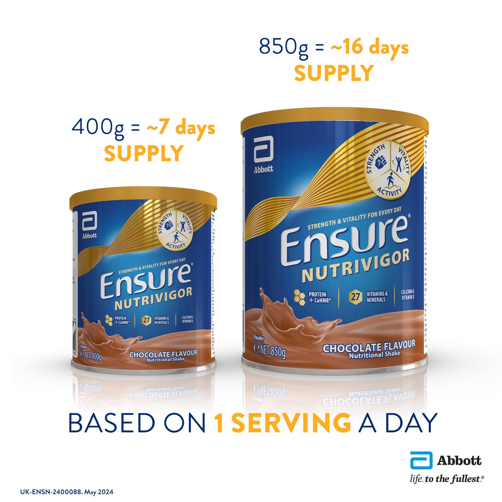 Ensure NutriVigor Nutritional Shake - Chocolate Flavour - 400g - Food Supplement with Protein, HMB & 27 Vitamins & Minerals - Supports Strength, Energy & Immunity - With Vitamin D, C & B - BBE 06/2028