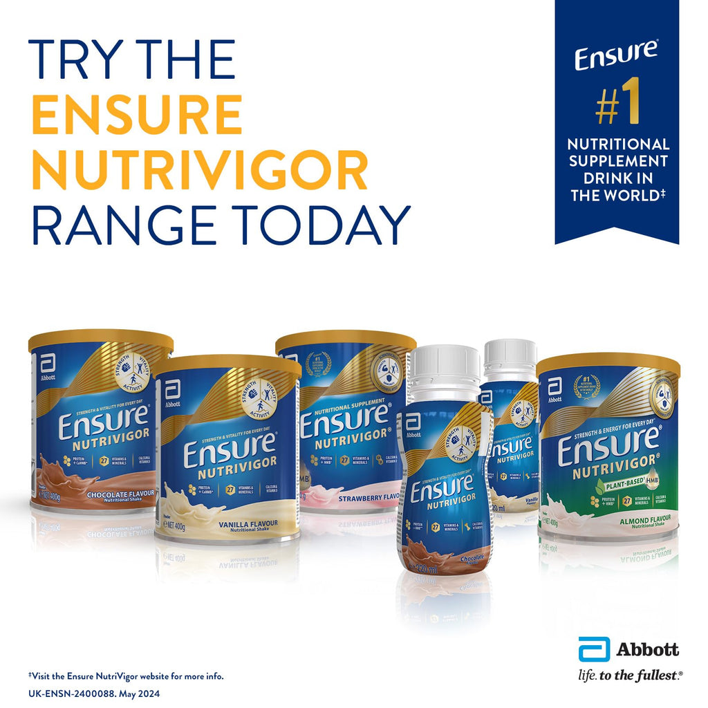 Ensure NutriVigor Nutritional Shake - Chocolate Flavour - 400g - Food Supplement with Protein, HMB & 27 Vitamins & Minerals - Supports Strength, Energy & Immunity - With Vitamin D, C & B - BBE 06/2028