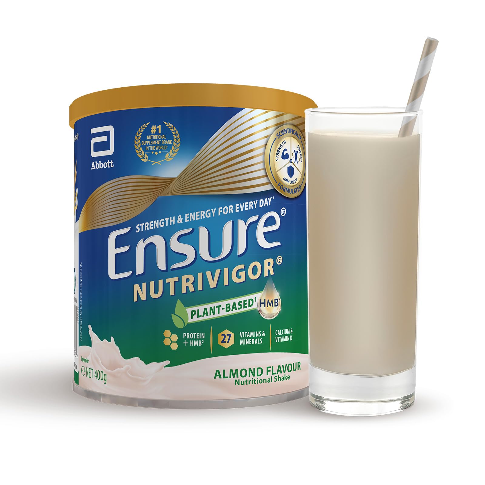 Ensure NutriVigor Nutritional Shake - Chocolate Flavour - 400g - Food Supplement with Protein, HMB & 27 Vitamins & Minerals - Supports Strength, Energy & Immunity - With Vitamin D, C & B - BBE 06/2028