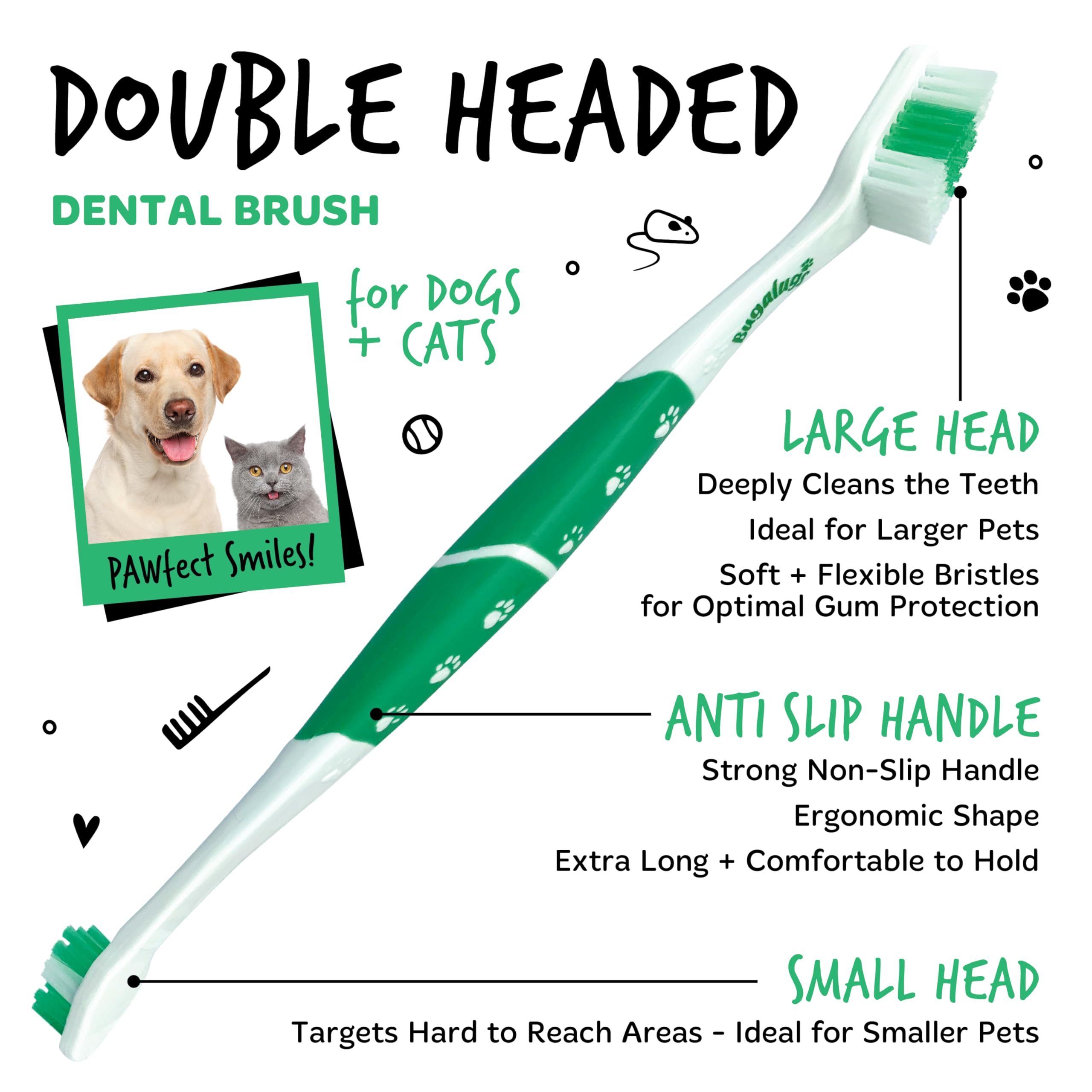 Bugalugs Dog Toothbrush & Cat Toothbrush Dual Ended Dog Plaque Remover, Our Dental Dog Teeth Cleaning Products Makes Dog Teeth Cleaning Easier use with Dog Toothpaste & Cat Toothpaste (Twin Pack)