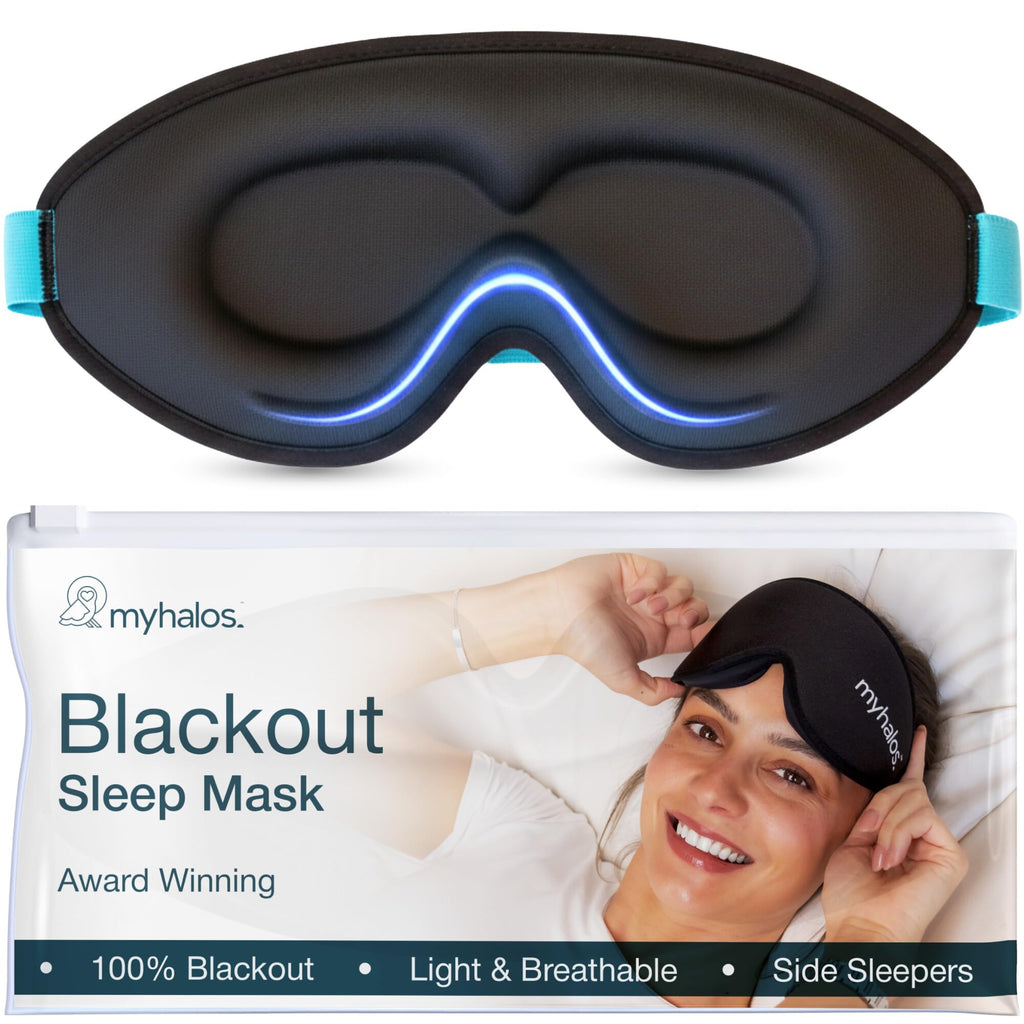 MyHalos(R) 100% Blackout Sleep Masks for Women & Men - Zero Eye Pressure Eye Mask for Sleeping -Our Halo Sleep Mask Includes a Storage Pouch- Black Eye Mask for Travel or Blindfold