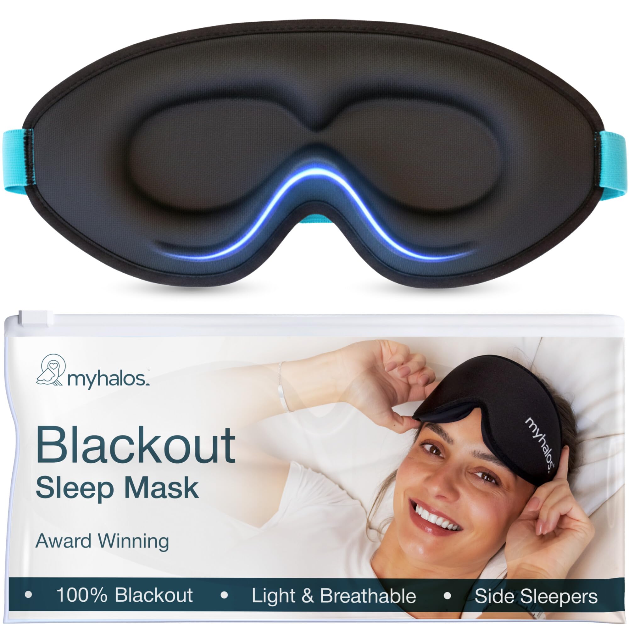 MyHalos(R) 100% Blackout Sleep Masks for Women & Men - Zero Eye Pressure Eye Mask for Sleeping -Our Halo Sleep Mask Includes a Storage Pouch- Black Eye Mask for Travel or Blindfold