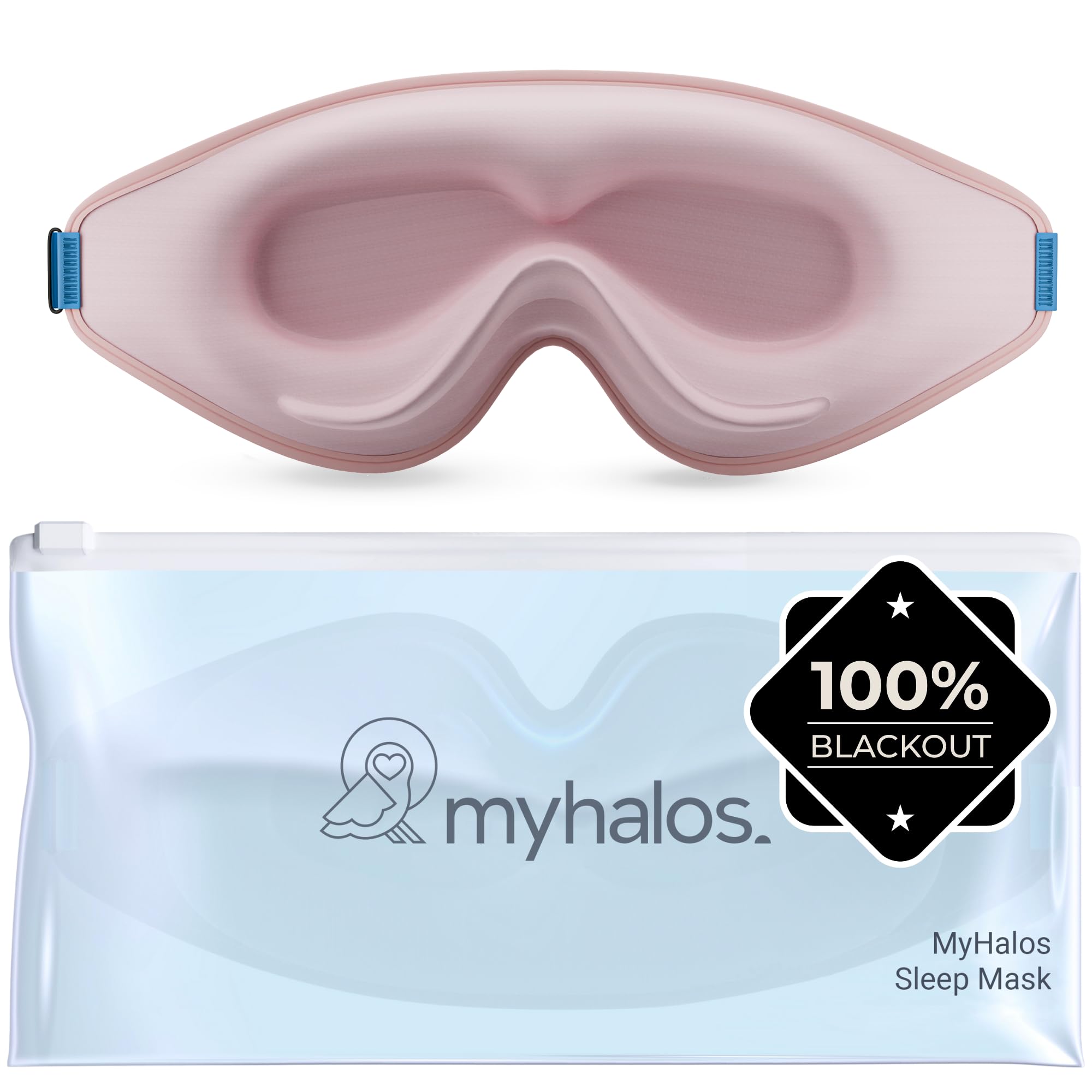 MyHalos(R) 100% Blackout Sleep Masks for Women & Men - Zero Eye Pressure Eye Mask for Sleeping -Our Halo Sleep Mask Includes a Storage Pouch- Black Eye Mask for Travel or Blindfold