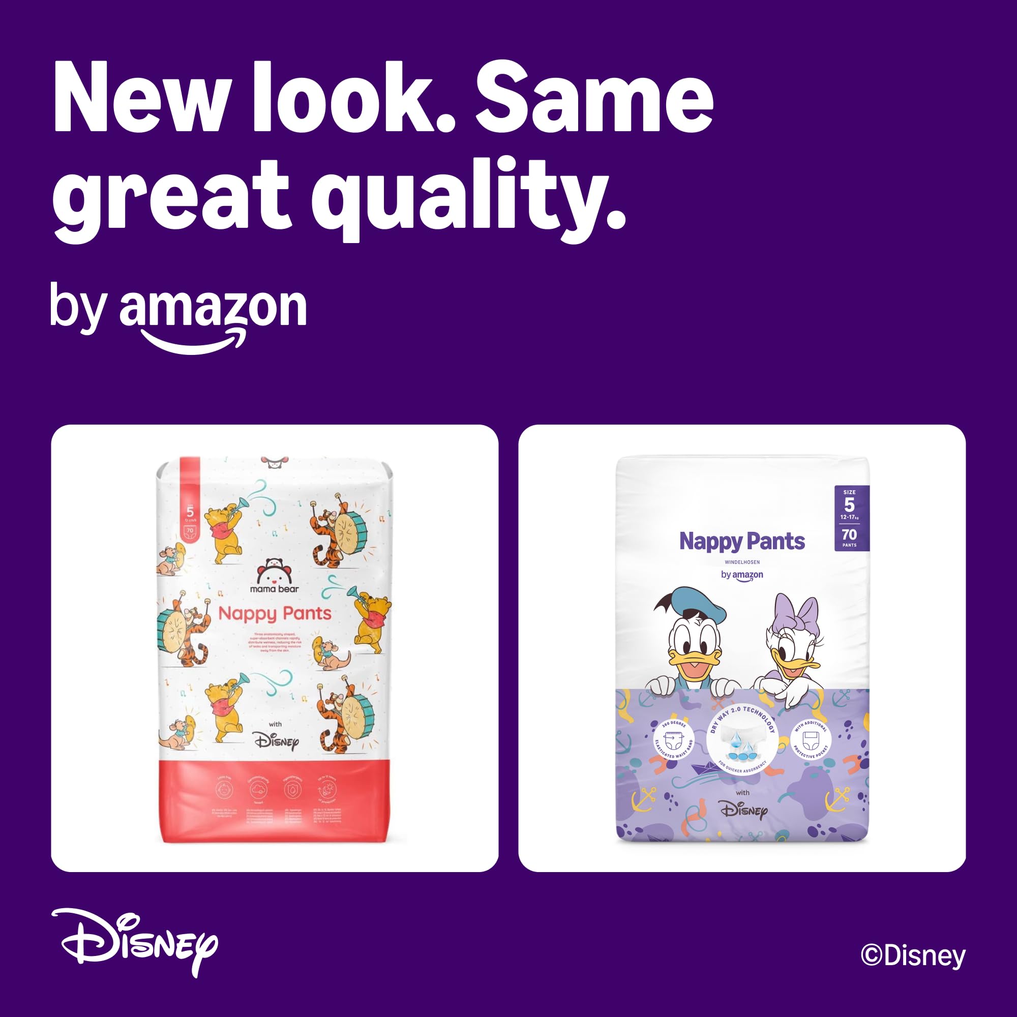 by Amazon Disney Nappy Pants, Size 5 (12-17 kg), 140 Count (2 Packs of 70), White, Monthly Pack (Previously a Mama Bear brand, same product) - Damaged Box