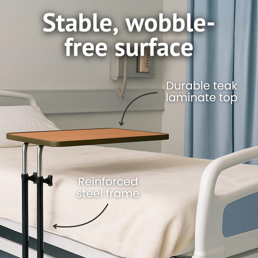 HOMECRAFT Over Bed Table with Wheels - Adjustable Bed Table - Hospital Overbed Table for Meals, Work, or Recovery - Sturdy Table Bed with Teak Laminate Surface, Raised Edges, and Steel Frame - Damaged Box