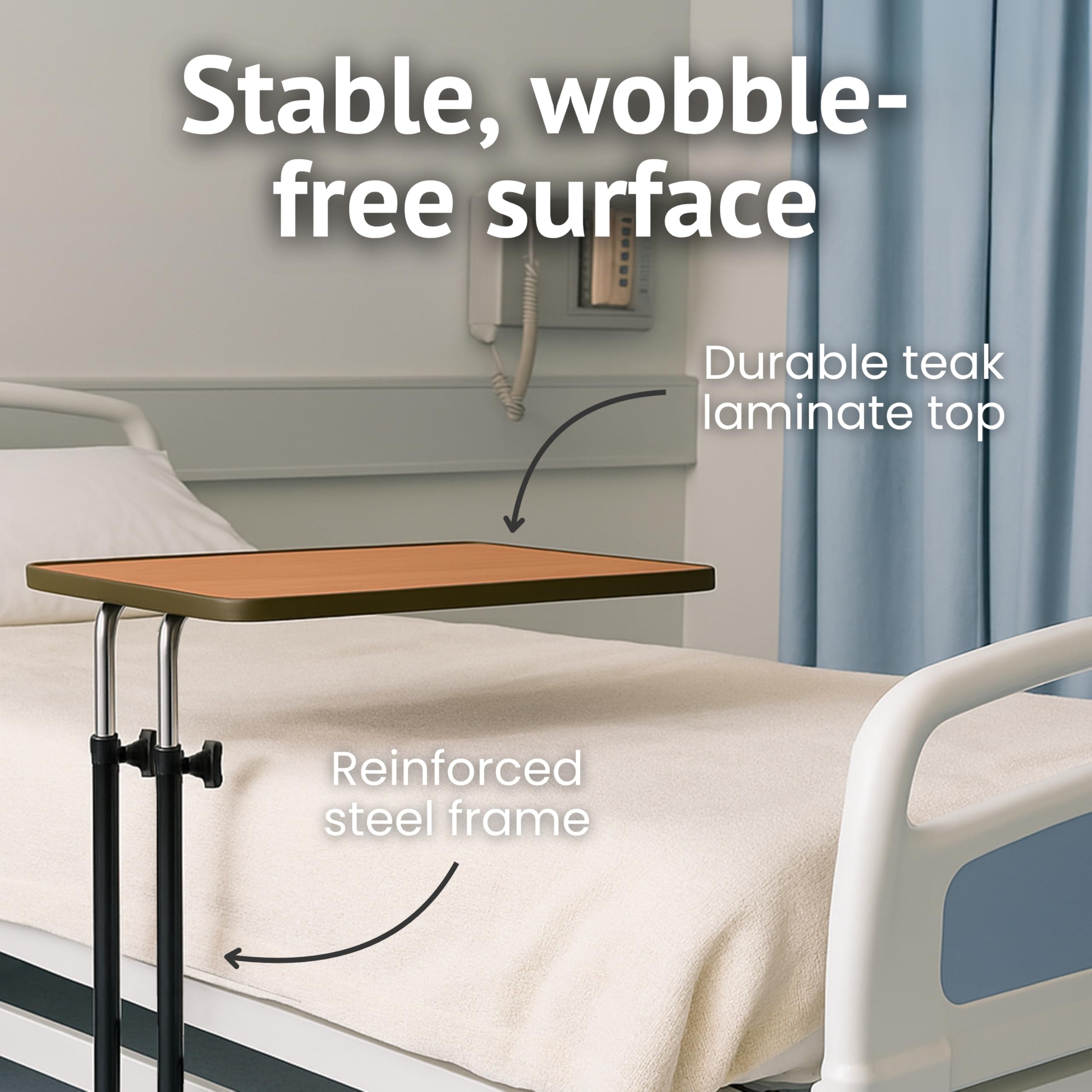 HOMECRAFT Over Bed Table with Wheels - Adjustable Bed Table - Hospital Overbed Table for Meals, Work, or Recovery - Sturdy Table Bed with Teak Laminate Surface, Raised Edges, and Steel Frame - Damaged Box