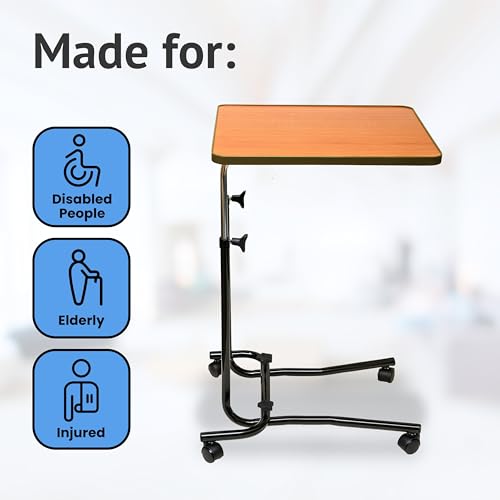 HOMECRAFT Over Bed Table with Wheels - Adjustable Bed Table - Hospital Overbed Table for Meals, Work, or Recovery - Sturdy Table Bed with Teak Laminate Surface, Raised Edges, and Steel Frame - Damaged Box