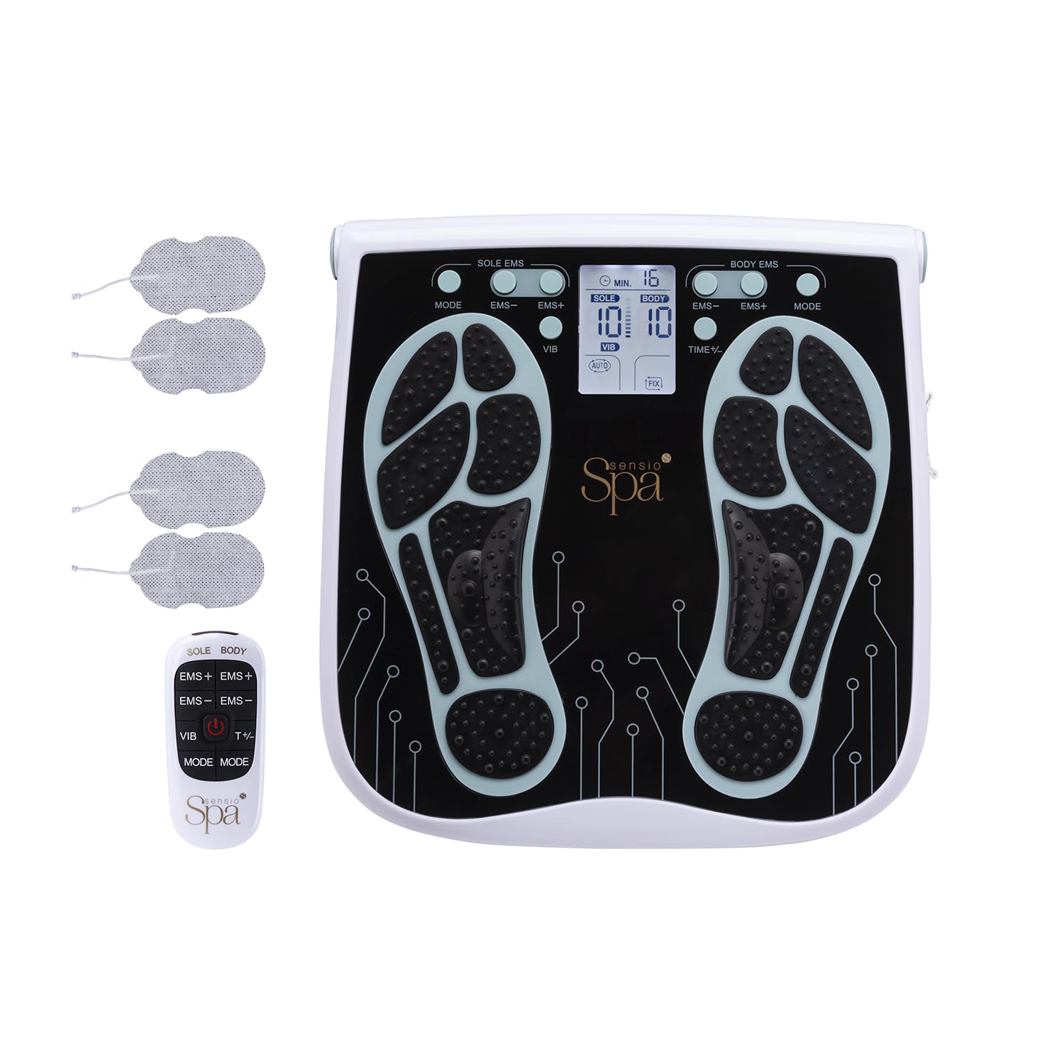 Sensio Spa EMS Foot & Body Massager with Vibration & Remote Control & 4 Pads - 99 Levels | Mains or Battery Powered | Electric Muscle Stimulator Popular Alternative to TENS Machines & Vibration Plates - Damaged Box