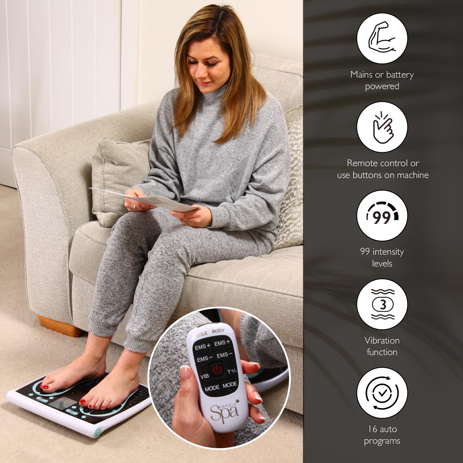 Sensio Spa EMS Foot & Body Massager with Vibration & Remote Control & 4 Pads - 99 Levels | Mains or Battery Powered | Electric Muscle Stimulator Popular Alternative to TENS Machines & Vibration Plates - Damaged Box