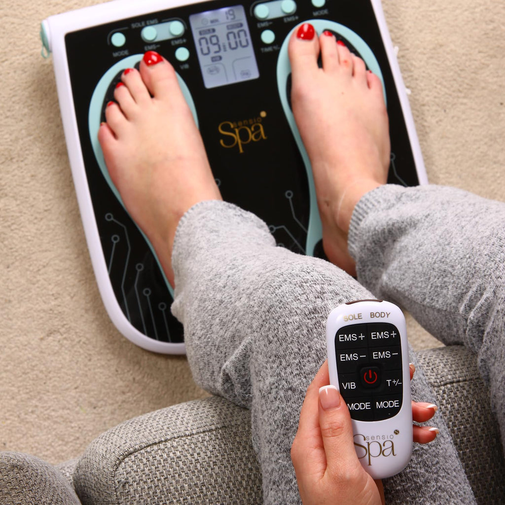 Sensio Spa EMS Foot & Body Massager with Vibration & Remote Control & 4 Pads - 99 Levels | Mains or Battery Powered | Electric Muscle Stimulator Popular Alternative to TENS Machines & Vibration Plates - Damaged Box