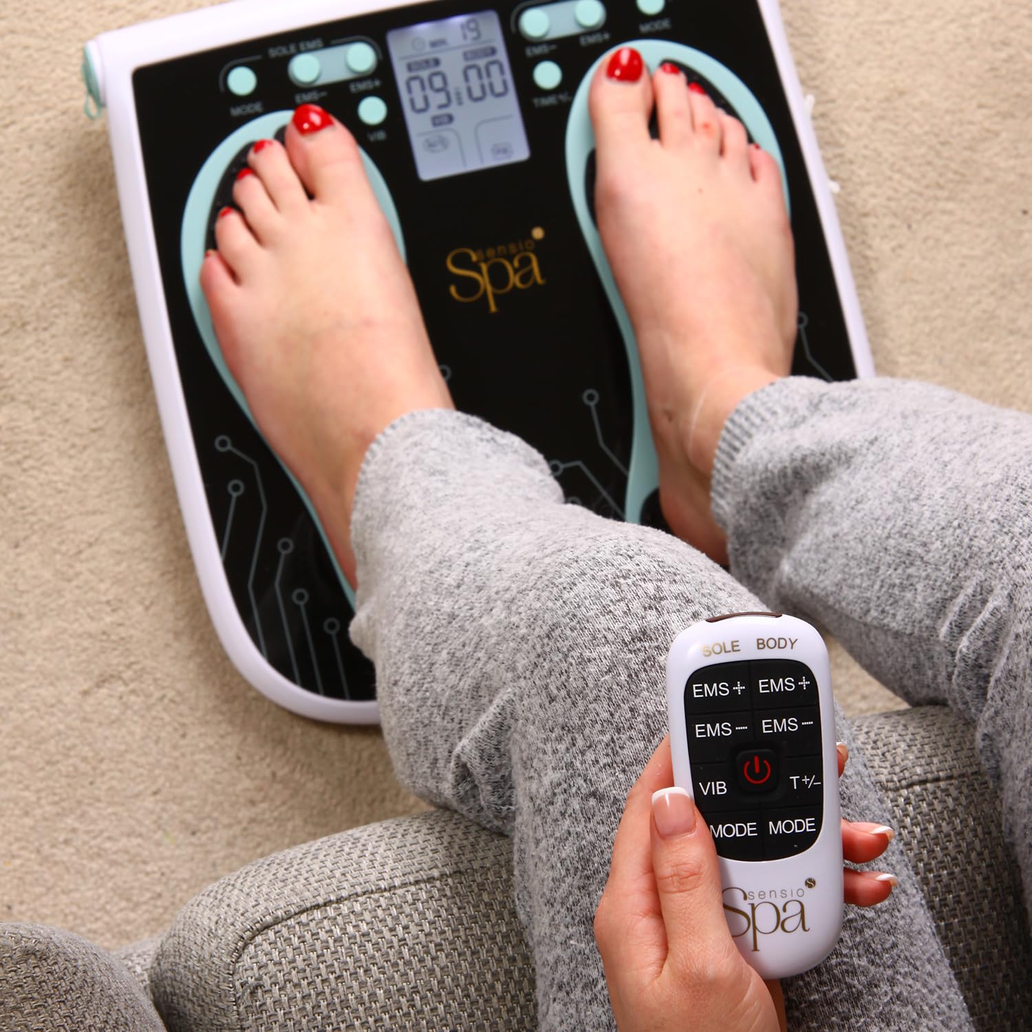 Sensio Spa EMS Foot & Body Massager with Vibration & Remote Control & 4 Pads - 99 Levels | Mains or Battery Powered | Electric Muscle Stimulator Popular Alternative to TENS Machines & Vibration Plates - Damaged Box