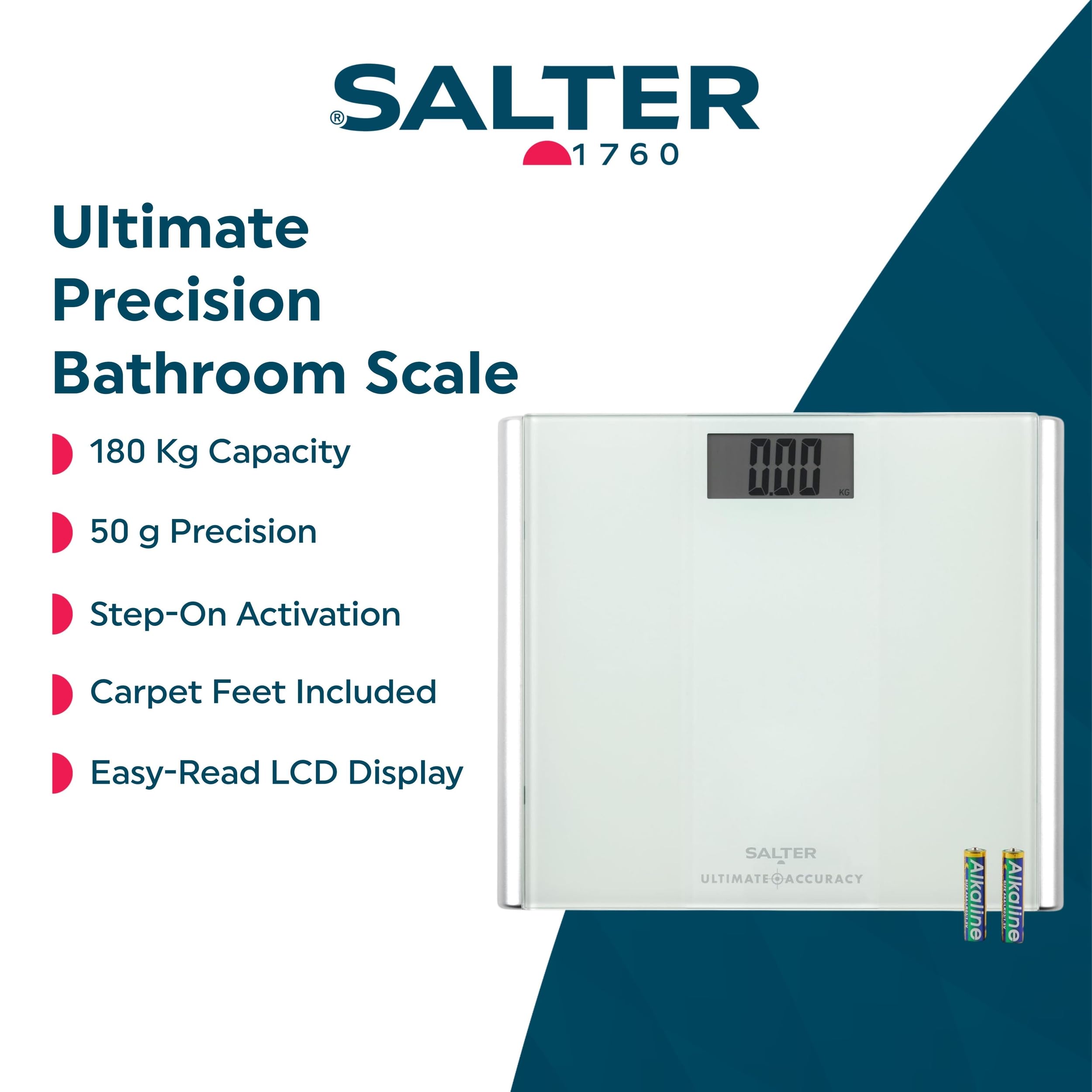 Salter Ultimate Accuracy Bathroom Scale - Digital Bodyweight, Body Fat Scale, 180kg/28st 3lb, 0.05kg/ 50g Precision Instant Readings, LCD Easy To Read Display, Includes Carpet Feet & Batteries - Damaged Box