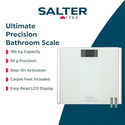 Salter Ultimate Accuracy Bathroom Scale - Digital Bodyweight, Body Fat Scale, 180kg/28st 3lb, 0.05kg/ 50g Precision Instant Readings, LCD Easy To Read Display, Includes Carpet Feet & Batteries - Damaged Box