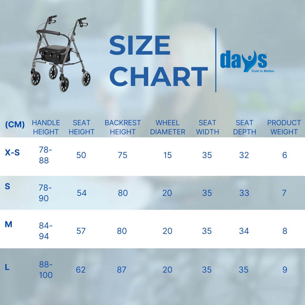 Days Rollator Walker with Seat - Lightweight Walking Aids Rollator, Adjustable Walking Frame with Wheels, Safe-Lock Brakes & Comfort Handles, Folding Mobility Aid for Users 5'9"-6'5" - Large, Quartz - Damaged Box