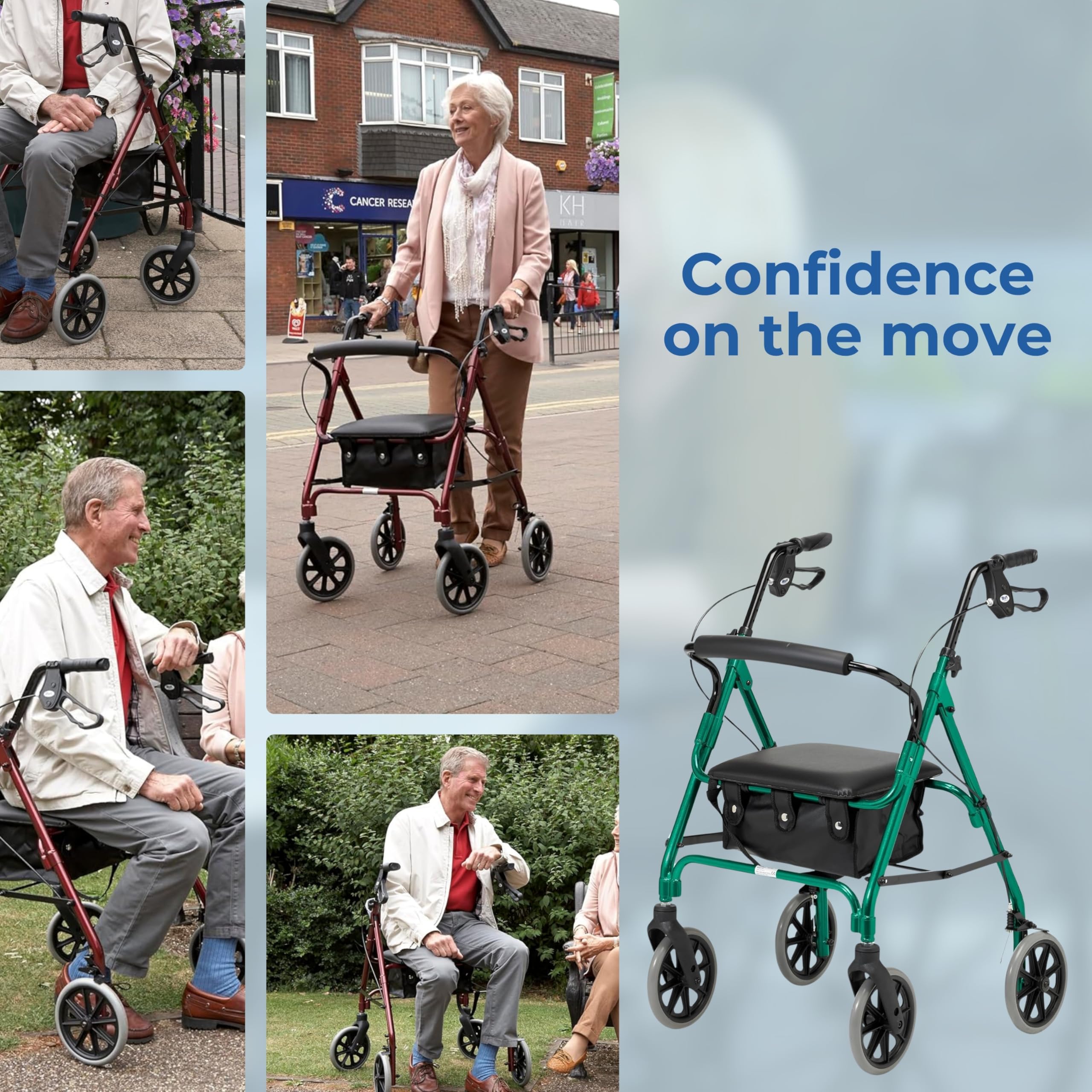 Days Rollator Walker with Seat - Lightweight Walking Aids Rollator, Adjustable Walking Frame with Wheels, Safe-Lock Brakes & Comfort Handles, Folding Mobility Aid for Users 5'9"-6'5" - Large, Quartz - Damaged Box