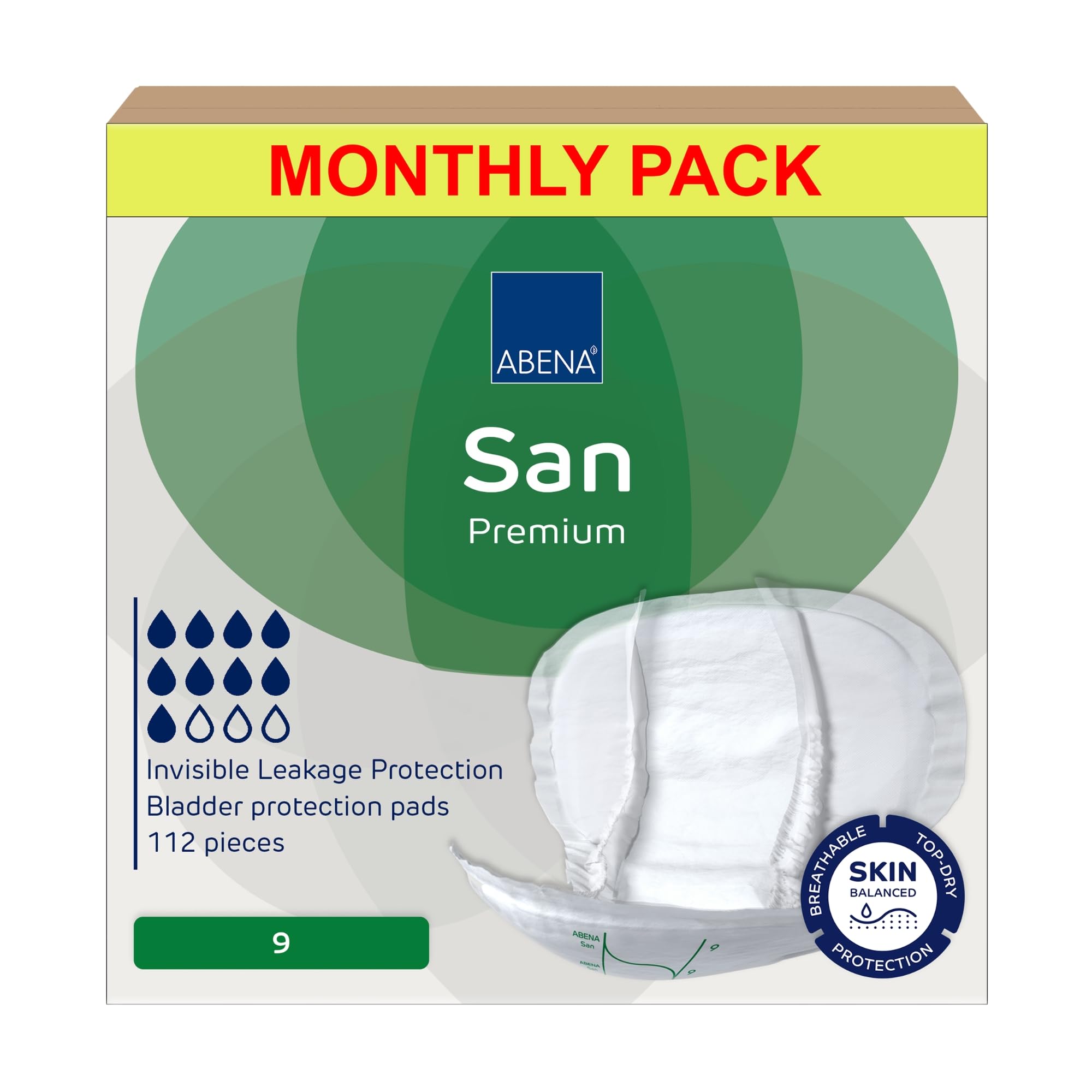 ABENA San Premium Mens & Womens Incontinence Pads, Breathable & Comfortable, Fast Absorption, Discreet & Effective Shaped Incontinence Pads for Men/Women - Premium 9, 2400ml Absorbency, 4x 28PK - Damaged Box
