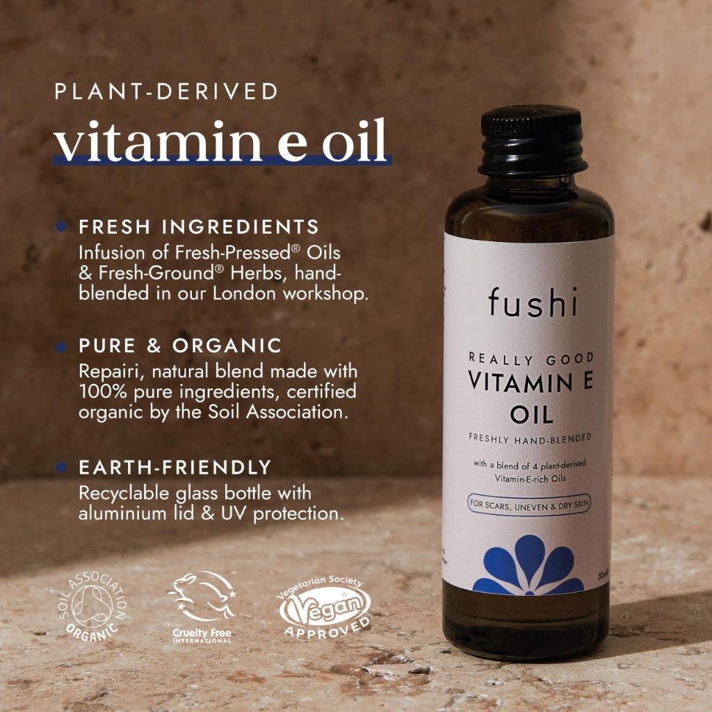 Fushi Really Good Organic Vitamin E Skin Oil 50ml, 30000IU/G 100% Natural Vitamin E Best for Skin soothing, Dry Skin, Wrinkles, Uneven Skin Tone, Scars Plant Derived. Vegan. Made in the UK - Damaged Box