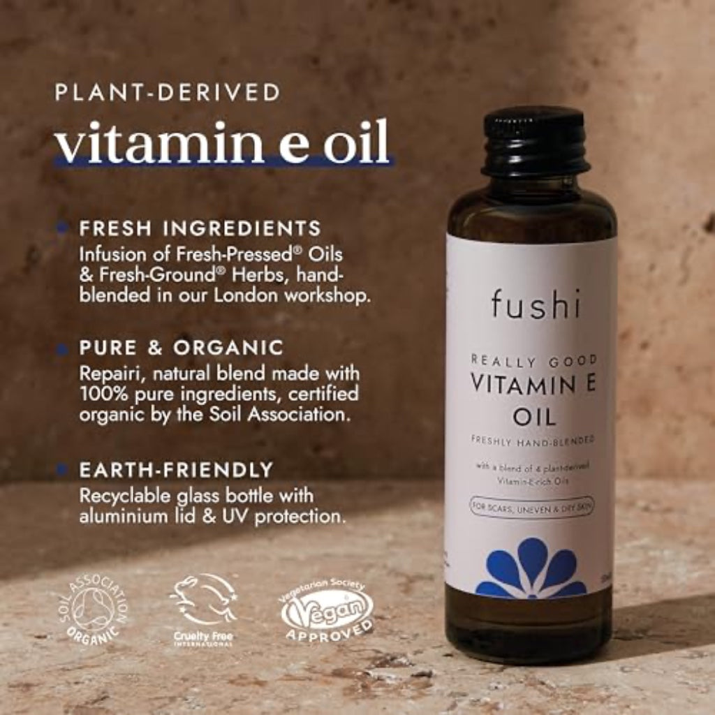Fushi Really Good Organic Vitamin E Skin Oil 50ml, 30000IU/G 100% Natural Vitamin E Best for Skin soothing, Dry Skin, Wrinkles, Uneven Skin Tone, Scars Plant Derived. Vegan. Made in the UK - Damaged Box