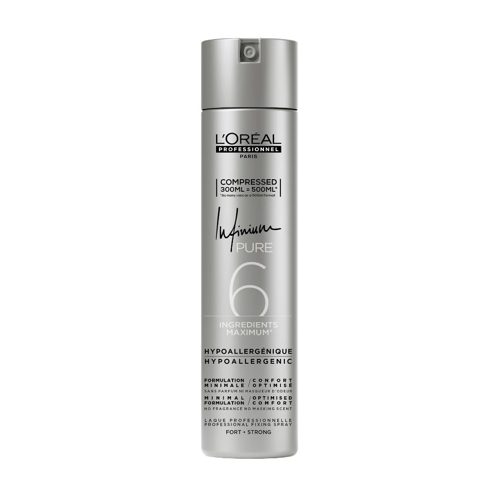 L'Or'eal Professionnel, Infinium Pure Hairspray, Repositionable Strong Fixing Spray & Ultra Fine Diffusion, Natural Shine & Touch, Lightweight & Hypoallergenic Formulation, Fragrance Free, 300 ml