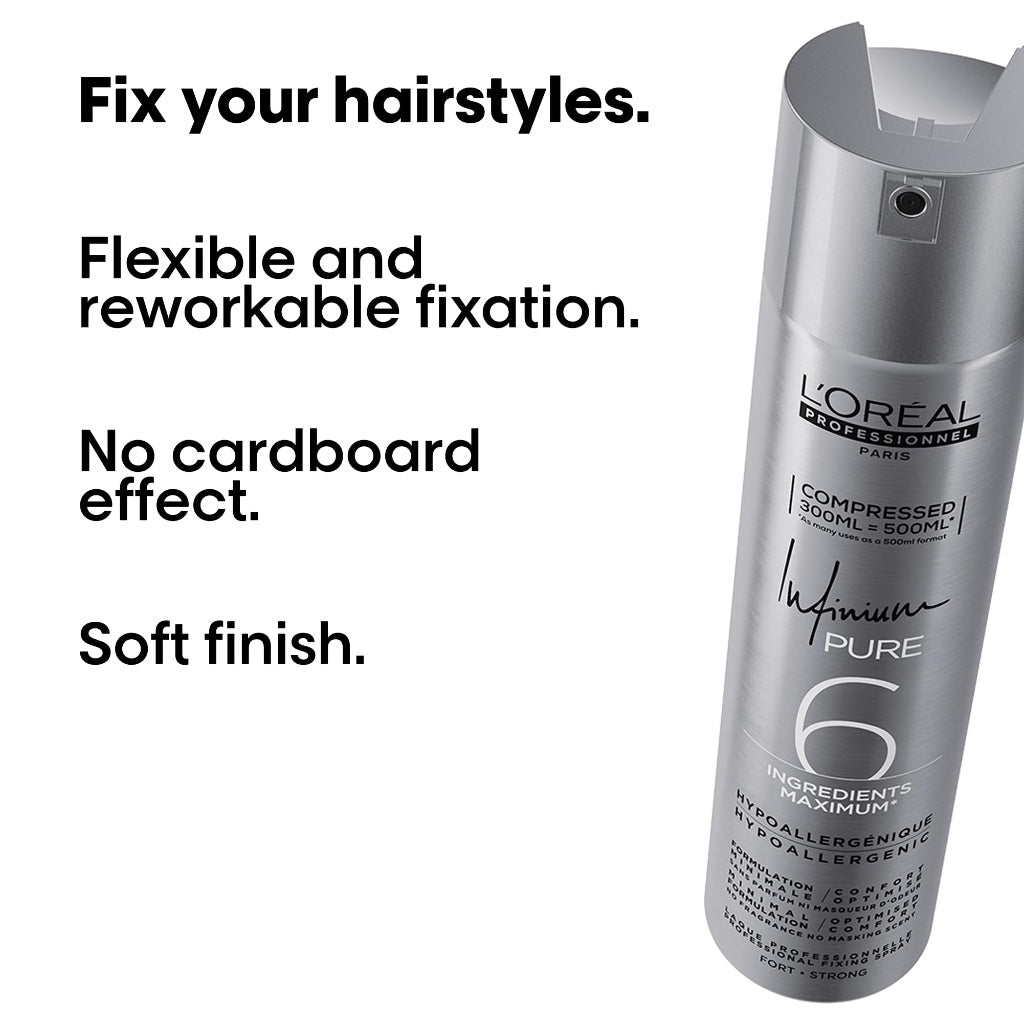 L'Or'eal Professionnel, Infinium Pure Hairspray, Repositionable Strong Fixing Spray & Ultra Fine Diffusion, Natural Shine & Touch, Lightweight & Hypoallergenic Formulation, Fragrance Free, 300 ml