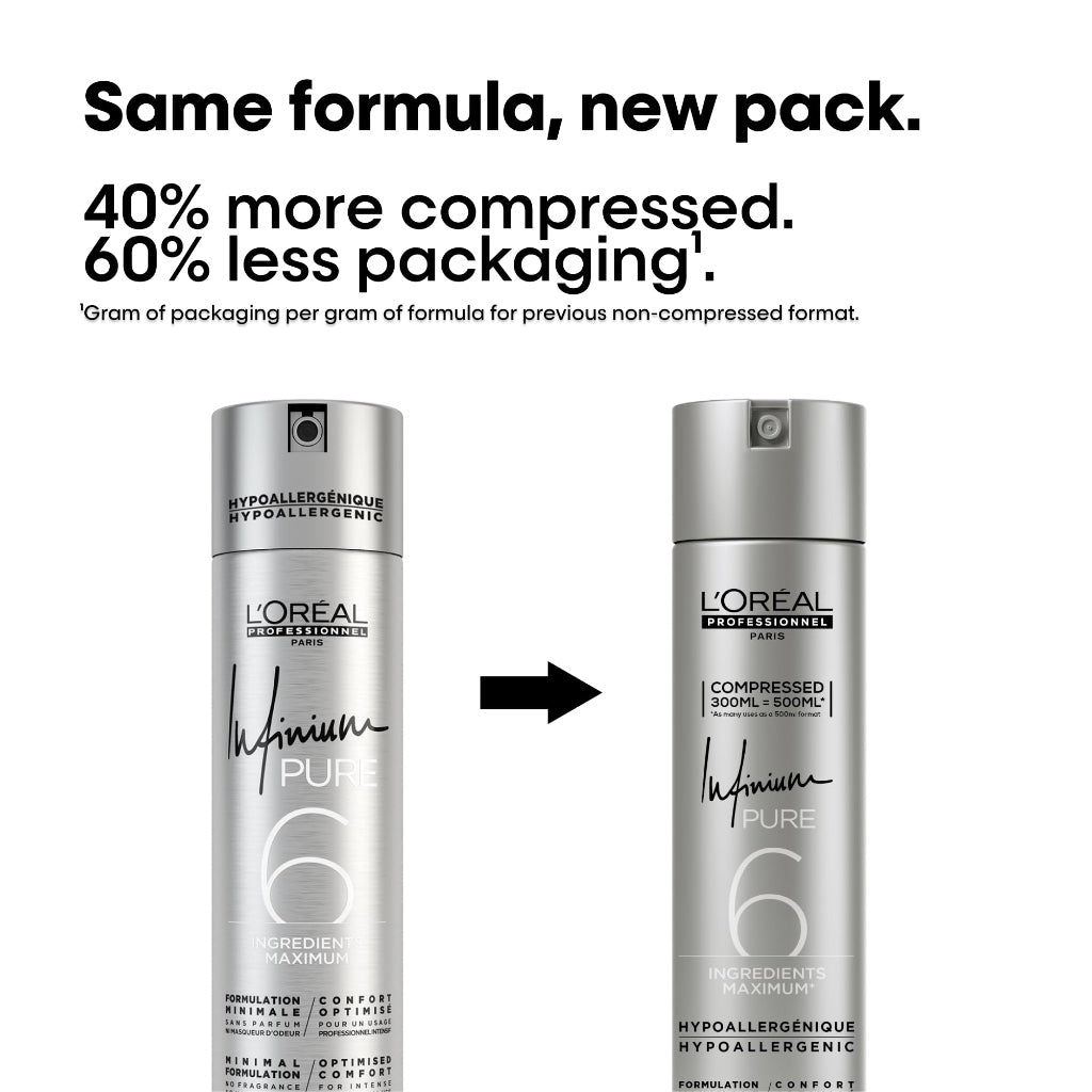 L'Or'eal Professionnel, Infinium Pure Hairspray, Repositionable Strong Fixing Spray & Ultra Fine Diffusion, Natural Shine & Touch, Lightweight & Hypoallergenic Formulation, Fragrance Free, 300 ml