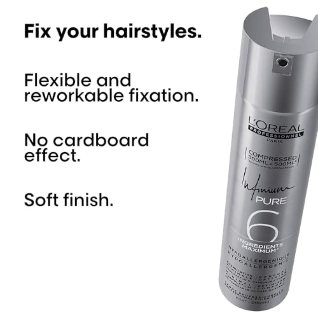 L'Or'eal Professionnel, Infinium Pure Hairspray, Repositionable Strong Fixing Spray & Ultra Fine Diffusion, Natural Shine & Touch, Lightweight & Hypoallergenic Formulation, Fragrance Free, 300 ml
