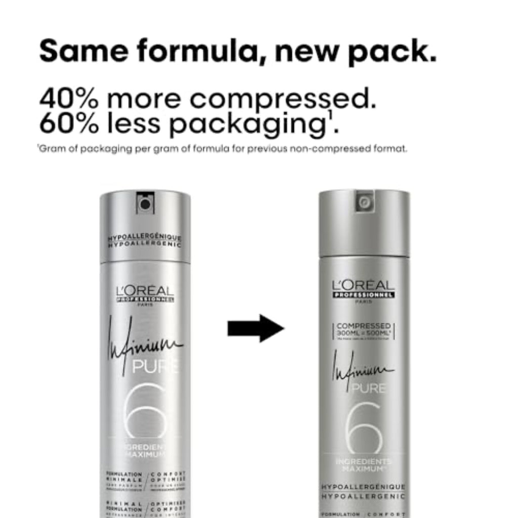 L'Or'eal Professionnel, Infinium Pure Hairspray, Repositionable Strong Fixing Spray & Ultra Fine Diffusion, Natural Shine & Touch, Lightweight & Hypoallergenic Formulation, Fragrance Free, 300 ml