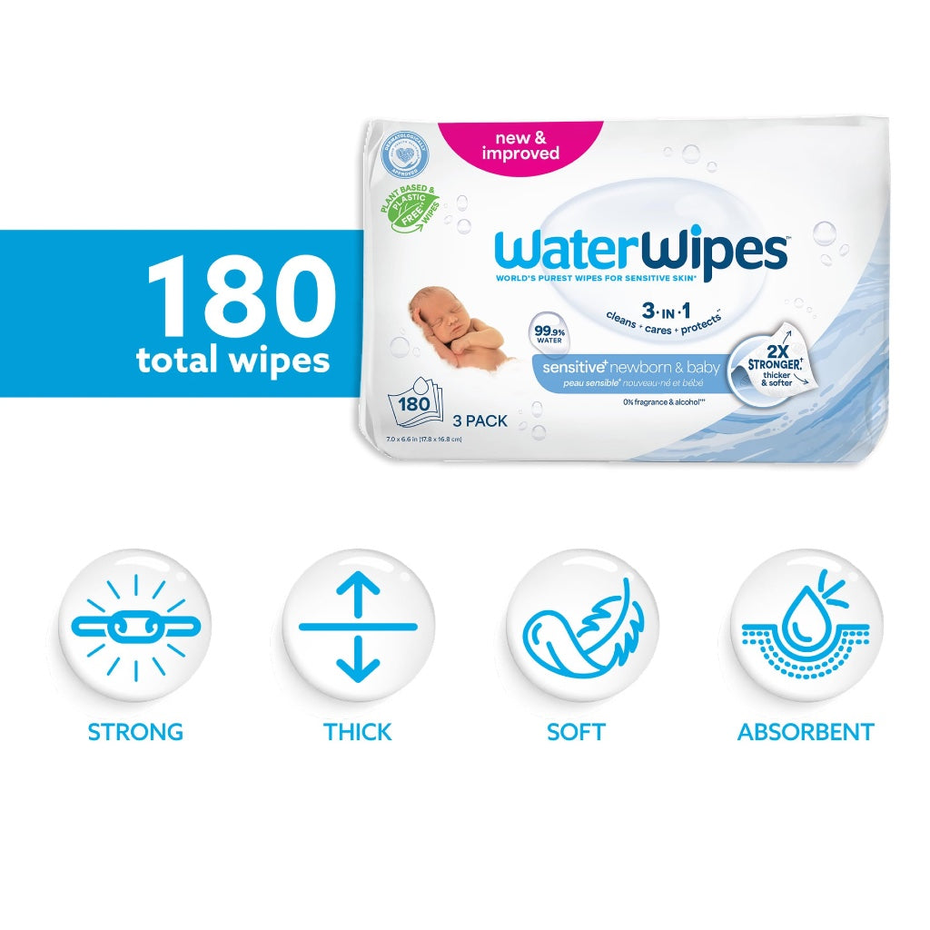 WaterWipes Sensitive+ Newborn & Baby Wipes, 180 Count (3 Packs), 3-In-1 Cleans, Cares, Protects, 99.9% Water, Unscented - Damaged Box - BBE 02/2028