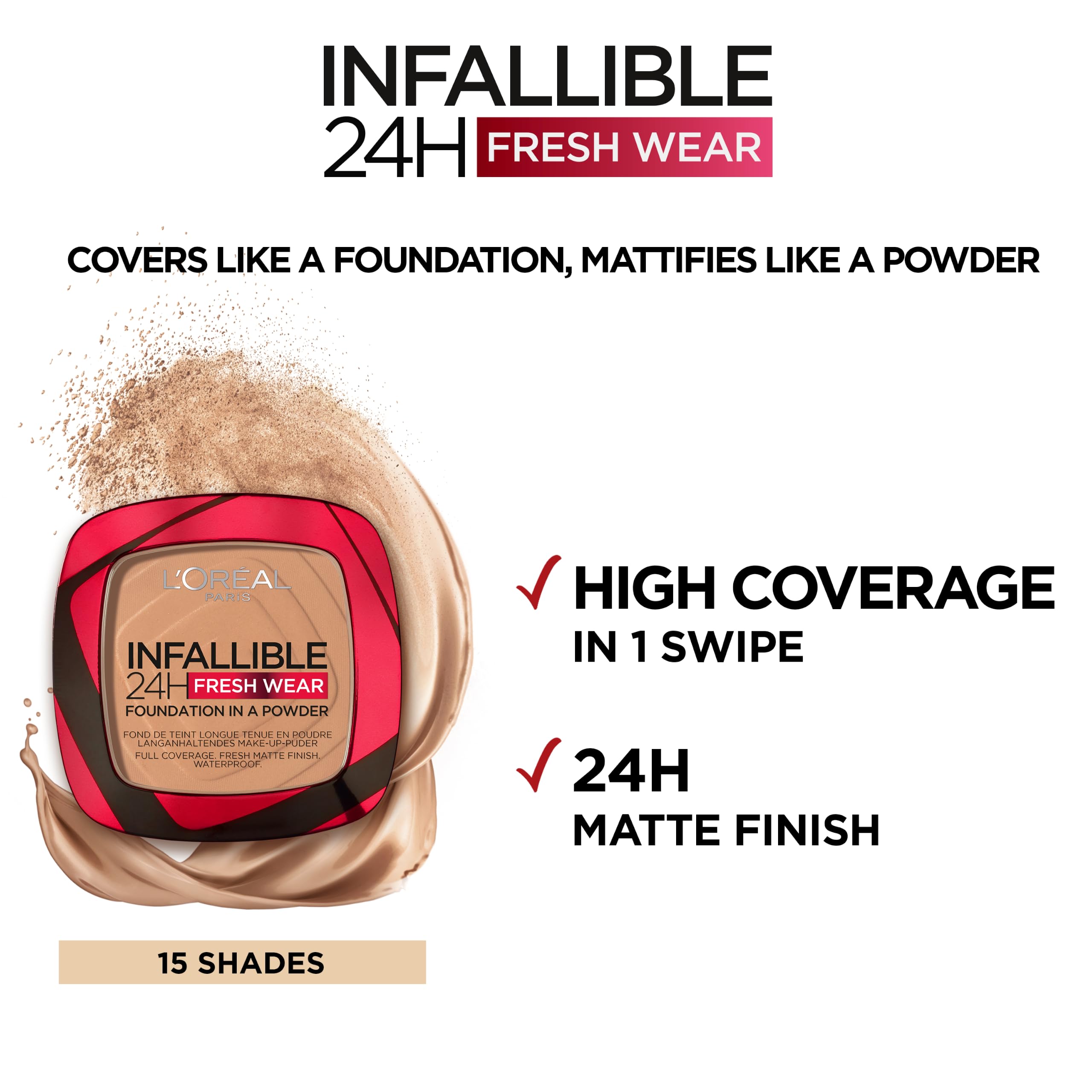 L'Or'eal Paris Infallible 24H Fresh Wear Foundation in a Powder, Full-coverage, Longwear, Weightless Smooth Finish, Water-proof and Transfer-proof, 120 Vanilla - New