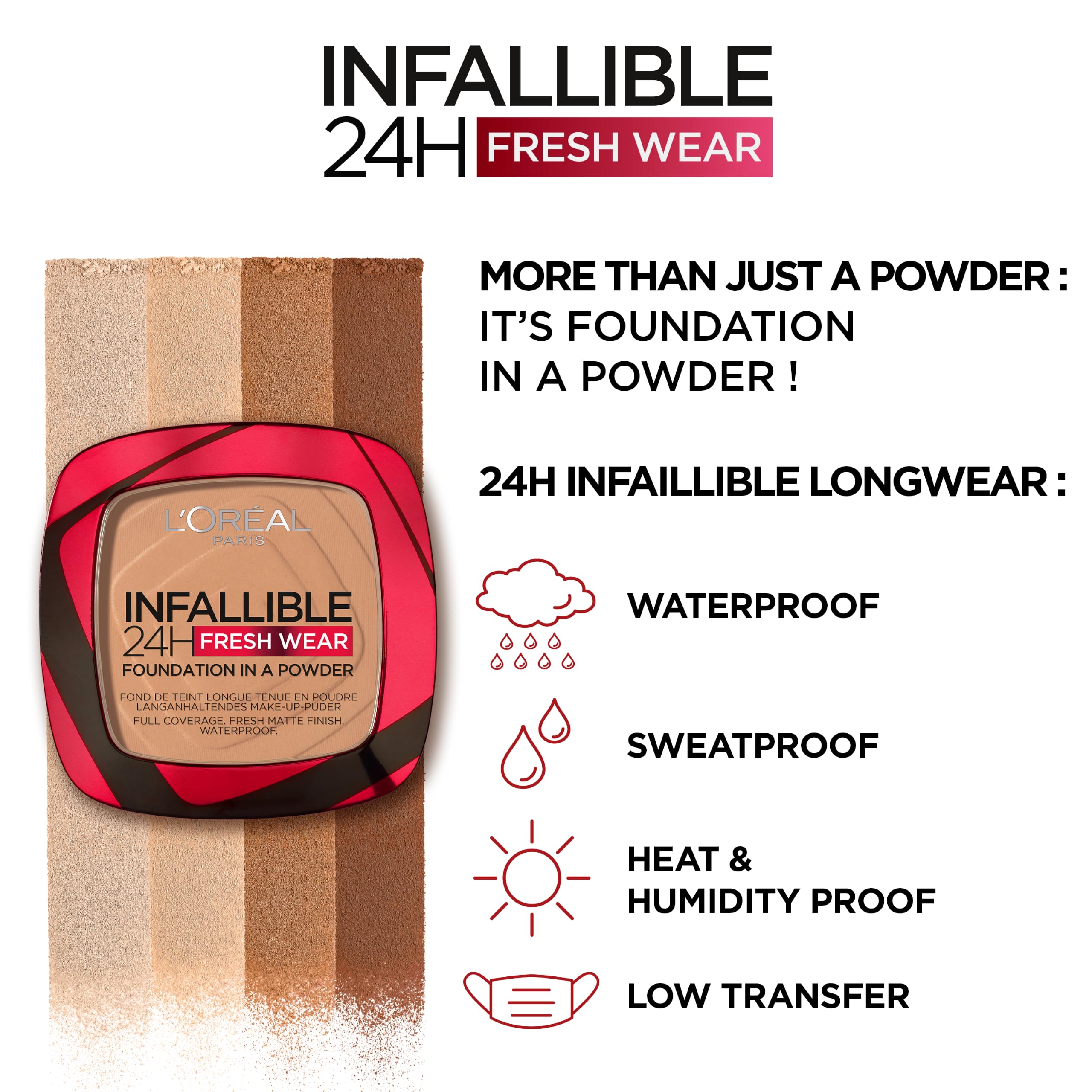 L'Or'eal Paris Infallible 24H Fresh Wear Foundation in a Powder, Full-coverage, Longwear, Weightless Smooth Finish, Water-proof and Transfer-proof, 120 Vanilla - New