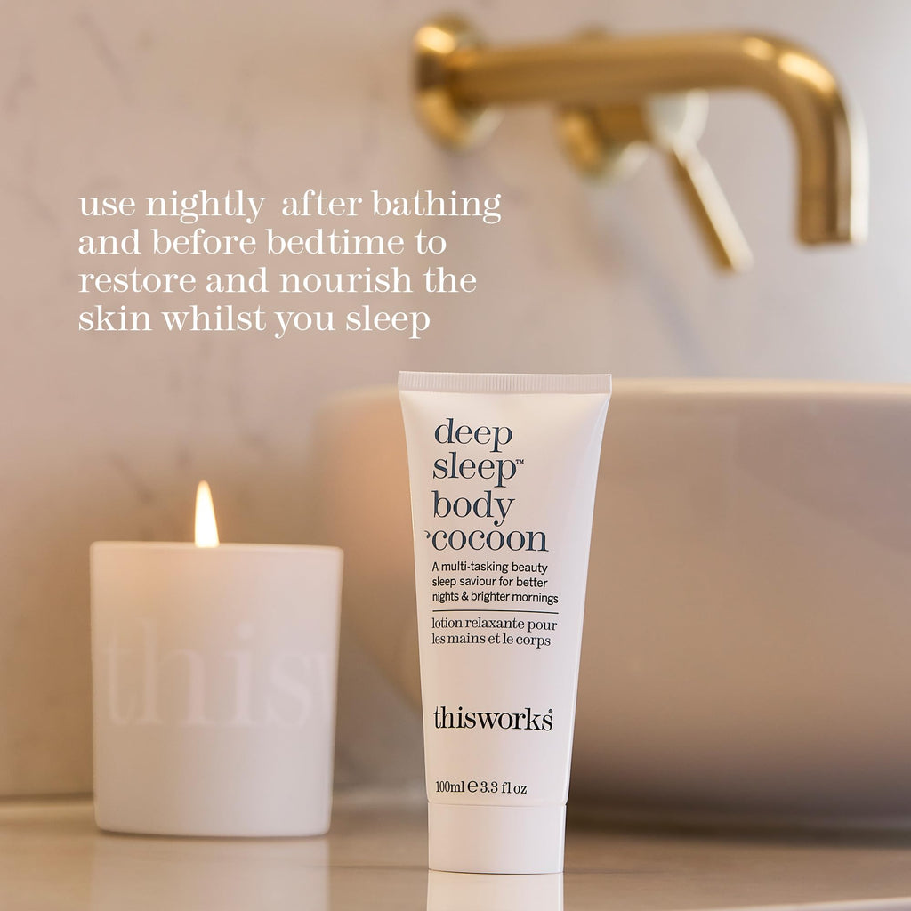 This Works Deep Sleep Body Cocoon, 100 ml - Body Lotion with Soothing Shea Butter to Support Dry Skin - Nourishing Body Moisturiser Infused with Lavender and Camomile Essential Oils for Restful Sleep - Damaged Box