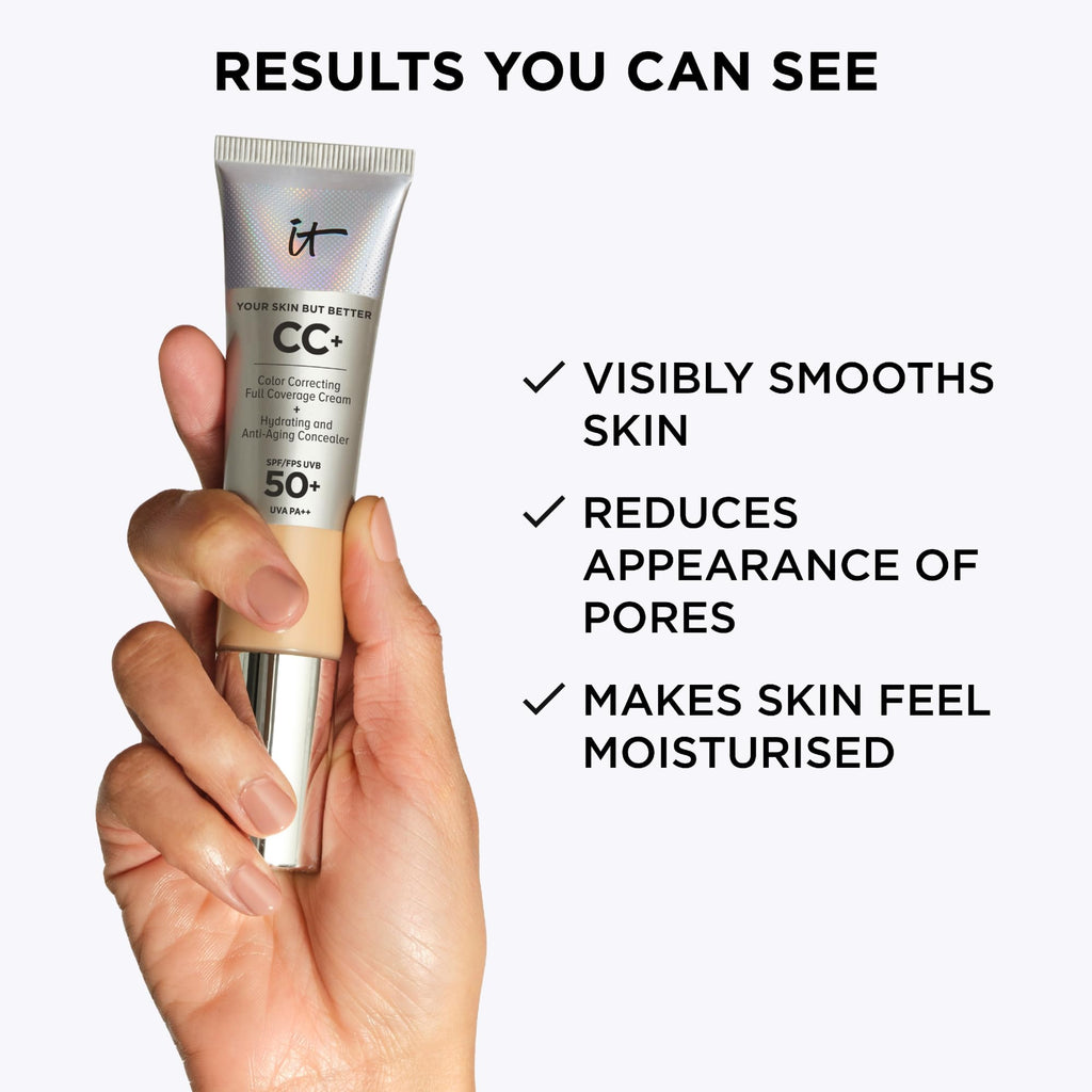 iT Cosmetics CC+ Cream SPF 50+ Full-Coverage CC Cream Foundation with Hyaluronic Acid, Niacinamide & Vitamin E for a Radiant Finish, CC Cream, Your Skin But Better, (Full Size or Travel Size) - New