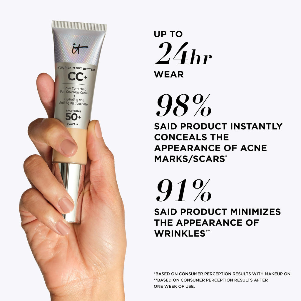 iT Cosmetics CC+ Cream SPF 50+ Full-Coverage CC Cream Foundation with Hyaluronic Acid, Niacinamide & Vitamin E for a Radiant Finish, CC Cream, Your Skin But Better, (Full Size or Travel Size) - New