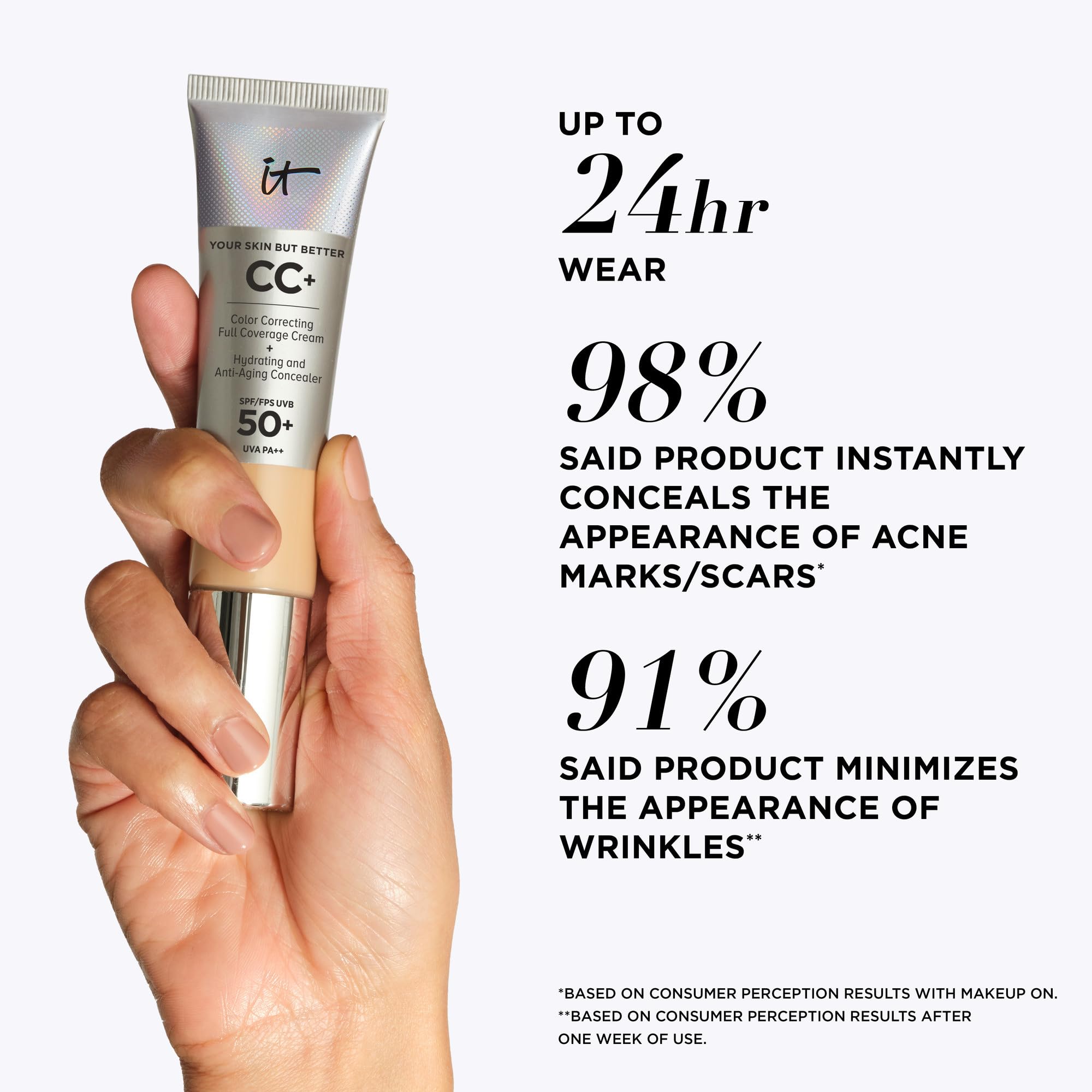 iT Cosmetics CC+ Cream SPF 50+ Full-Coverage CC Cream Foundation with Hyaluronic Acid, Niacinamide & Vitamin E for a Radiant Finish, CC Cream, Your Skin But Better, (Full Size or Travel Size) - New
