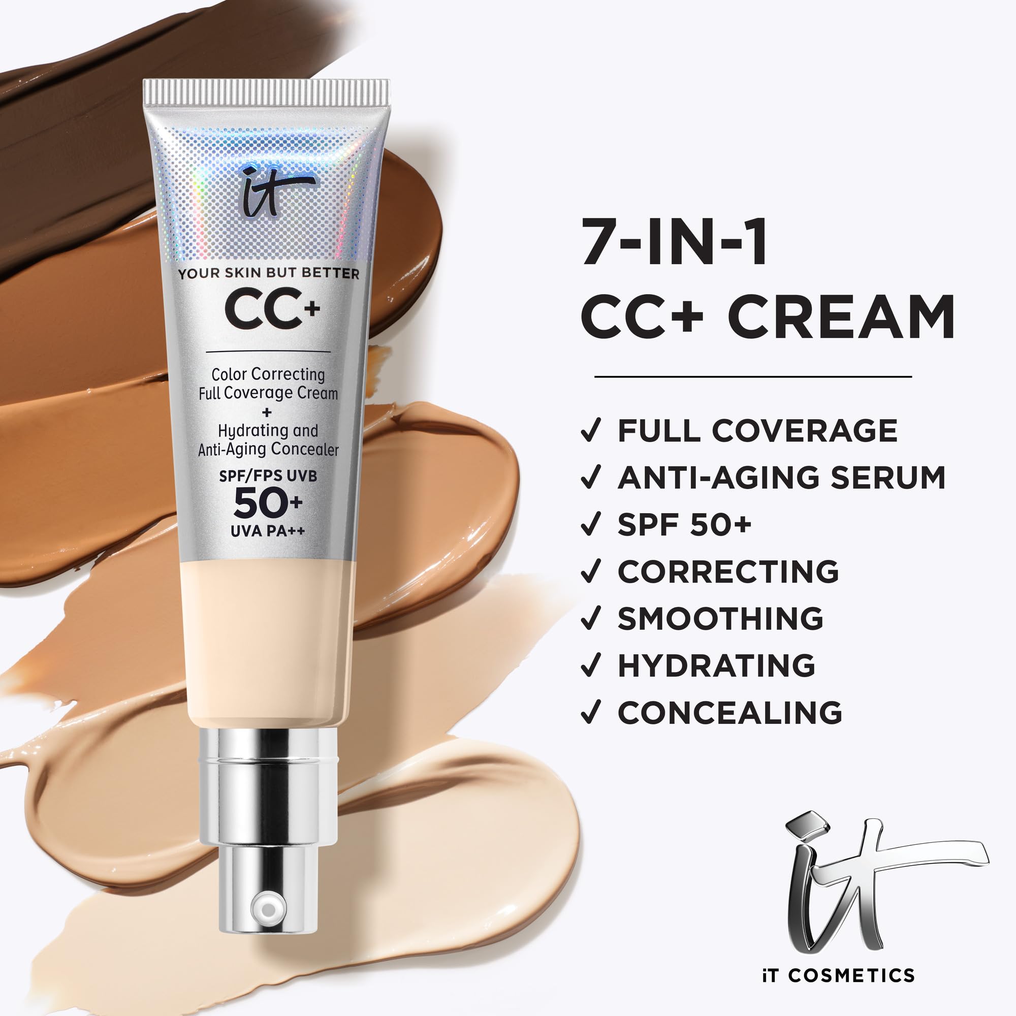 iT Cosmetics CC+ Cream SPF 50+ Full-Coverage CC Cream Foundation with Hyaluronic Acid, Niacinamide & Vitamin E for a Radiant Finish, CC Cream, Your Skin But Better, (Full Size or Travel Size) - New