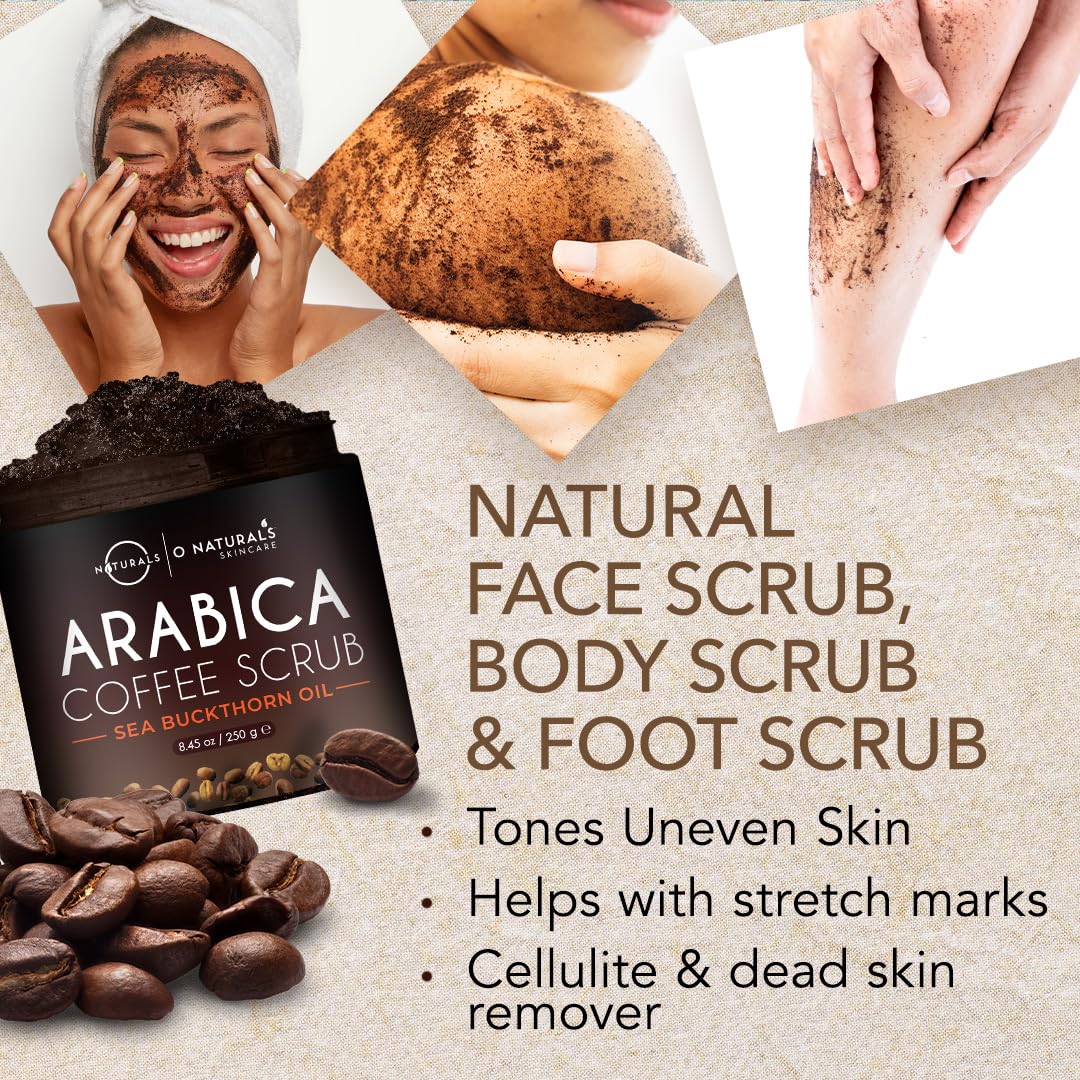O Naturals Coffee Arabica Exfoliating Dead Sea Salt Body Scrub. 100% Natural Detoxifying, Battles Cellulite, Wrinkles, Stretch Marks & Varicose Veins. Enriched w/Sea Buckthorn. Vegan 250 ml - New