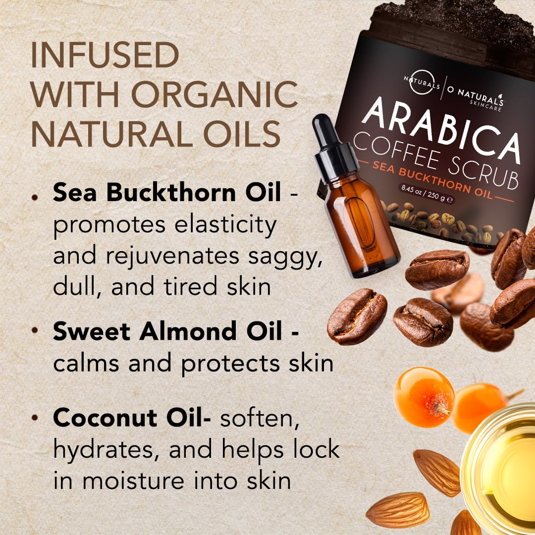 O Naturals Coffee Arabica Exfoliating Dead Sea Salt Body Scrub. 100% Natural Detoxifying, Battles Cellulite, Wrinkles, Stretch Marks & Varicose Veins. Enriched w/Sea Buckthorn. Vegan 250 ml - New