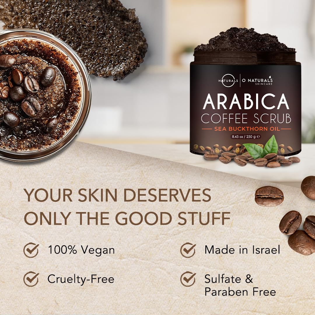 O Naturals Coffee Arabica Exfoliating Dead Sea Salt Body Scrub. 100% Natural Detoxifying, Battles Cellulite, Wrinkles, Stretch Marks & Varicose Veins. Enriched w/Sea Buckthorn. Vegan 250 ml - New