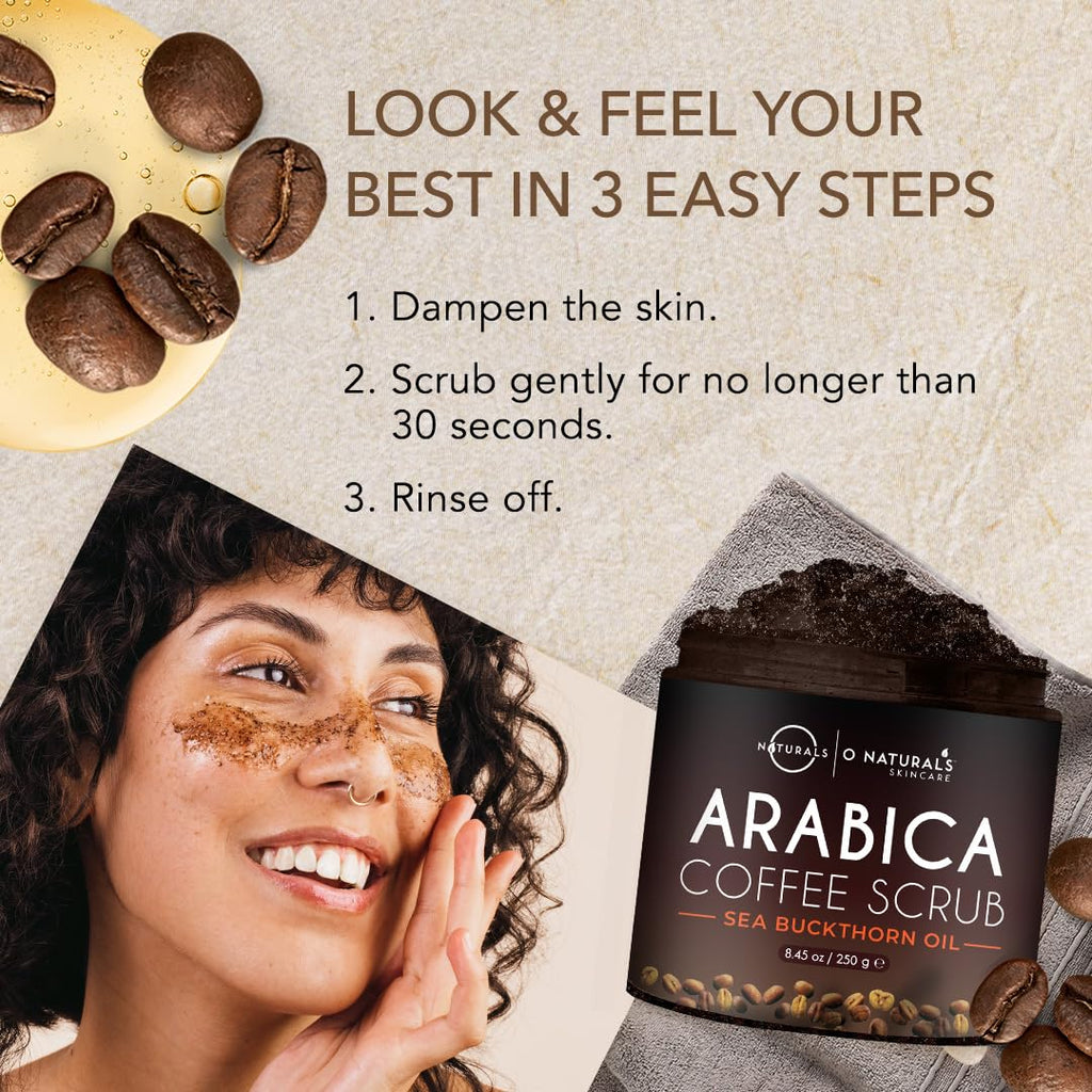 O Naturals Coffee Arabica Exfoliating Dead Sea Salt Body Scrub. 100% Natural Detoxifying, Battles Cellulite, Wrinkles, Stretch Marks & Varicose Veins. Enriched w/Sea Buckthorn. Vegan 250 ml - New