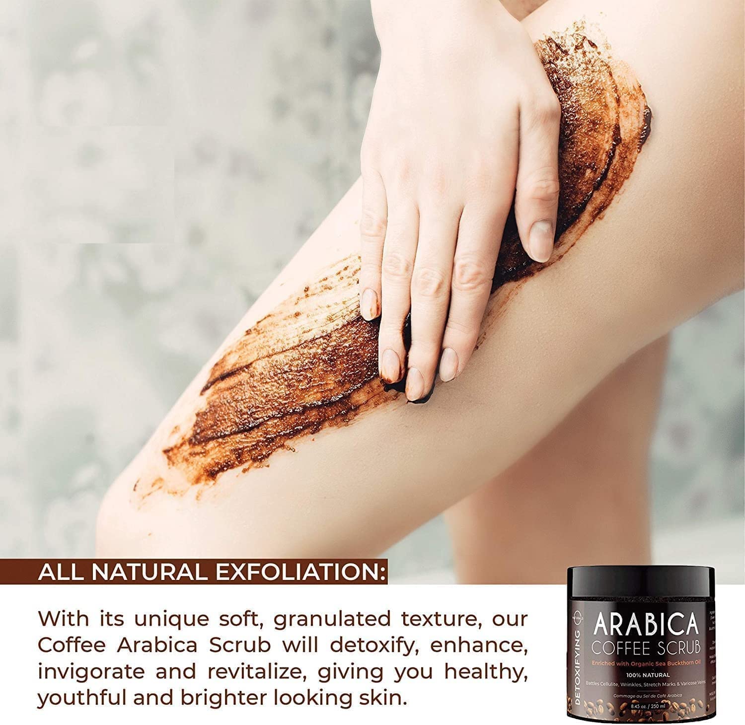 O Naturals Coffee Arabica Exfoliating Dead Sea Salt Body Scrub. 100% Natural Detoxifying, Battles Cellulite, Wrinkles, Stretch Marks & Varicose Veins. Enriched w/Sea Buckthorn. Vegan 250 ml - New