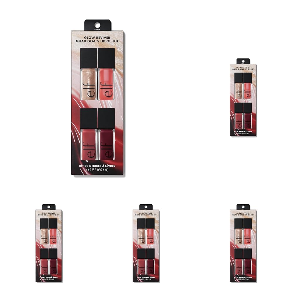 e.l.f. Glow Reviver Quad Goals Lip Oil Kit - 4 Shades (Pink Quartz, Rose Envy, Jam Session, Crystal Baller)- Hydrating Sheer Colour, Vegan & Cruelty-Free Lip Gloss Set