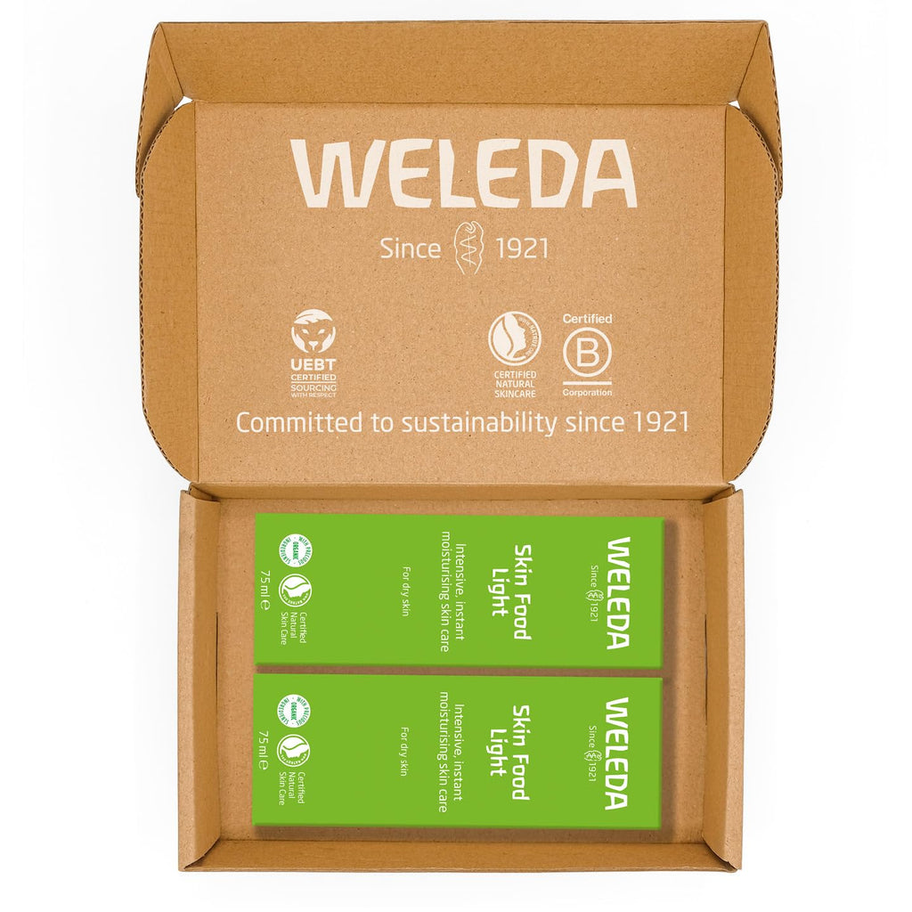 Weleda Skin Food Light Twin Pack, Dry Skin Moisturiser, Moisturising Cream & Primer, Face & Body, For Men & Women, Multiple Uses, Certified Natural, 2 x 75ml - Damaged Box - BBE 06/2028