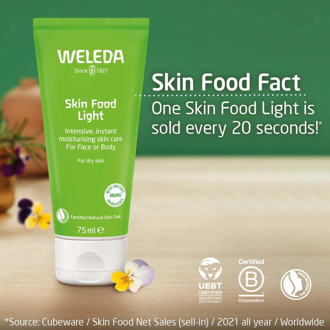 Weleda Skin Food Light Twin Pack, Dry Skin Moisturiser, Moisturising Cream & Primer, Face & Body, For Men & Women, Multiple Uses, Certified Natural, 2 x 75ml - Damaged Box - BBE 06/2028