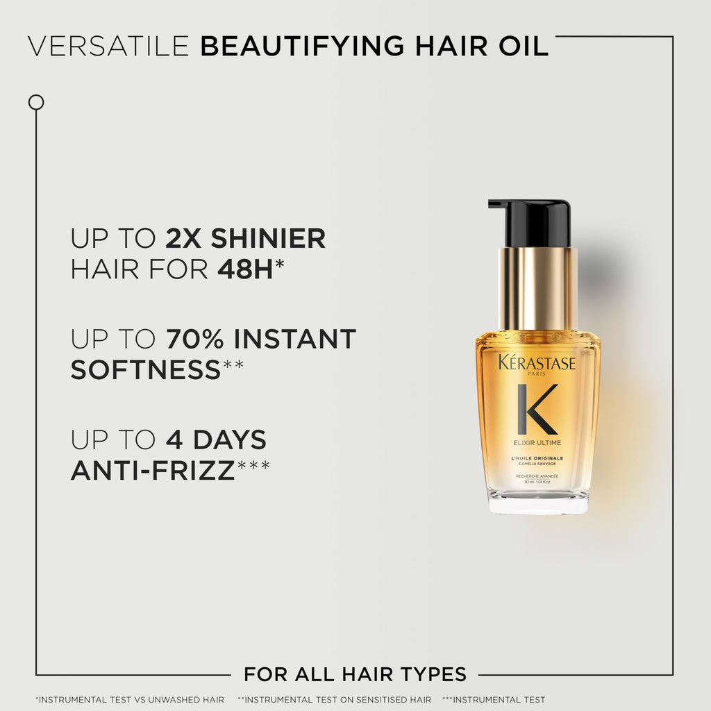 K'erastase Elixir Ultime Hair Oil, Nourishes Dull Hair, For All Hair Types, Strengthens and Protects Hair From Heat, With Argan and Camellia Oil, L'Huile Originale, 30ml - New