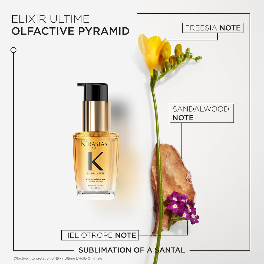 K'erastase Elixir Ultime Hair Oil, Nourishes Dull Hair, For All Hair Types, Strengthens and Protects Hair From Heat, With Argan and Camellia Oil, L'Huile Originale, 30ml - New