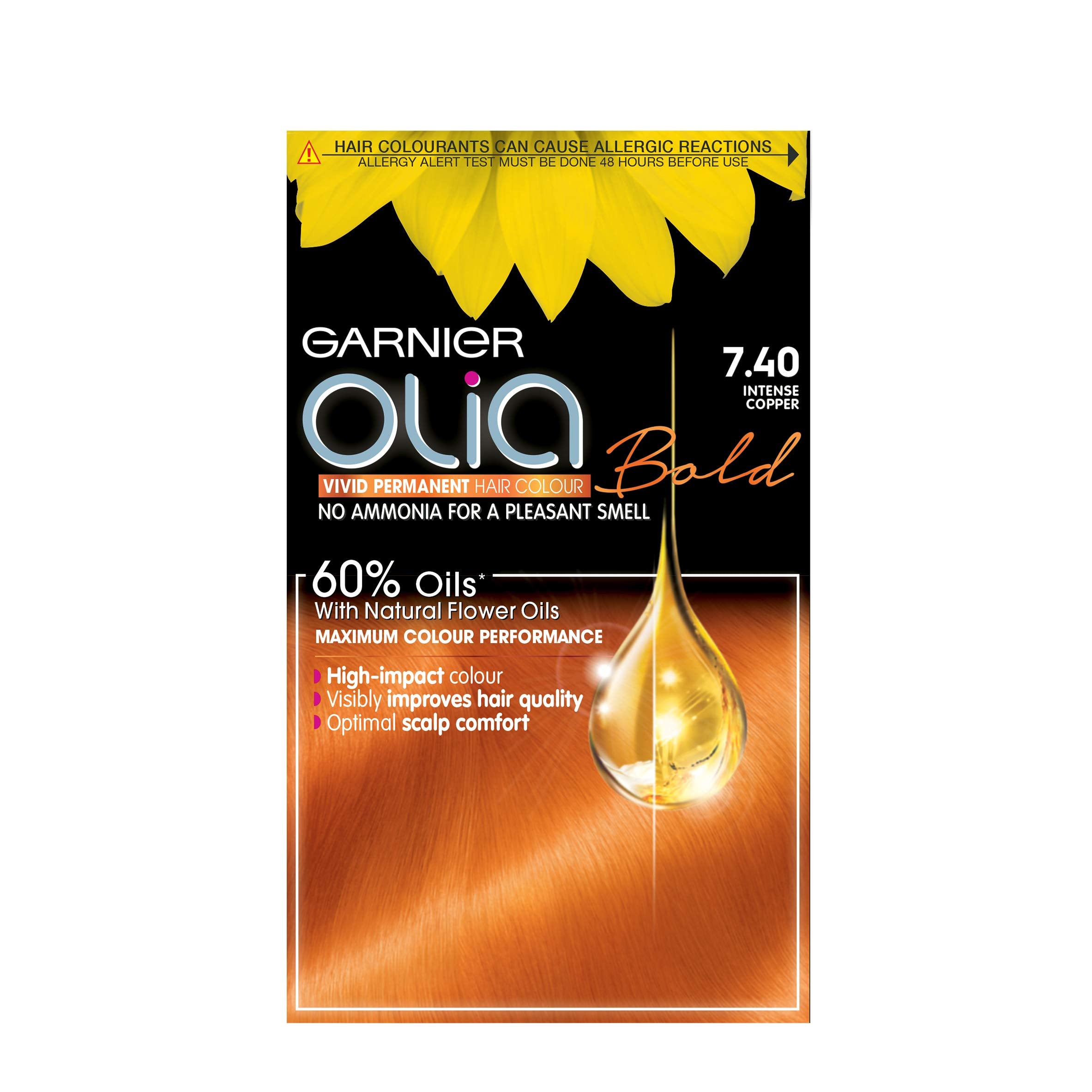 Garnier Olia 7.40 Intense Copper, oil-powered, no-ammonia. 100% grey coverage. Luminous, long-lasting, vibrant intense copper hair color with ultimate shine and softness. - Damaged Box