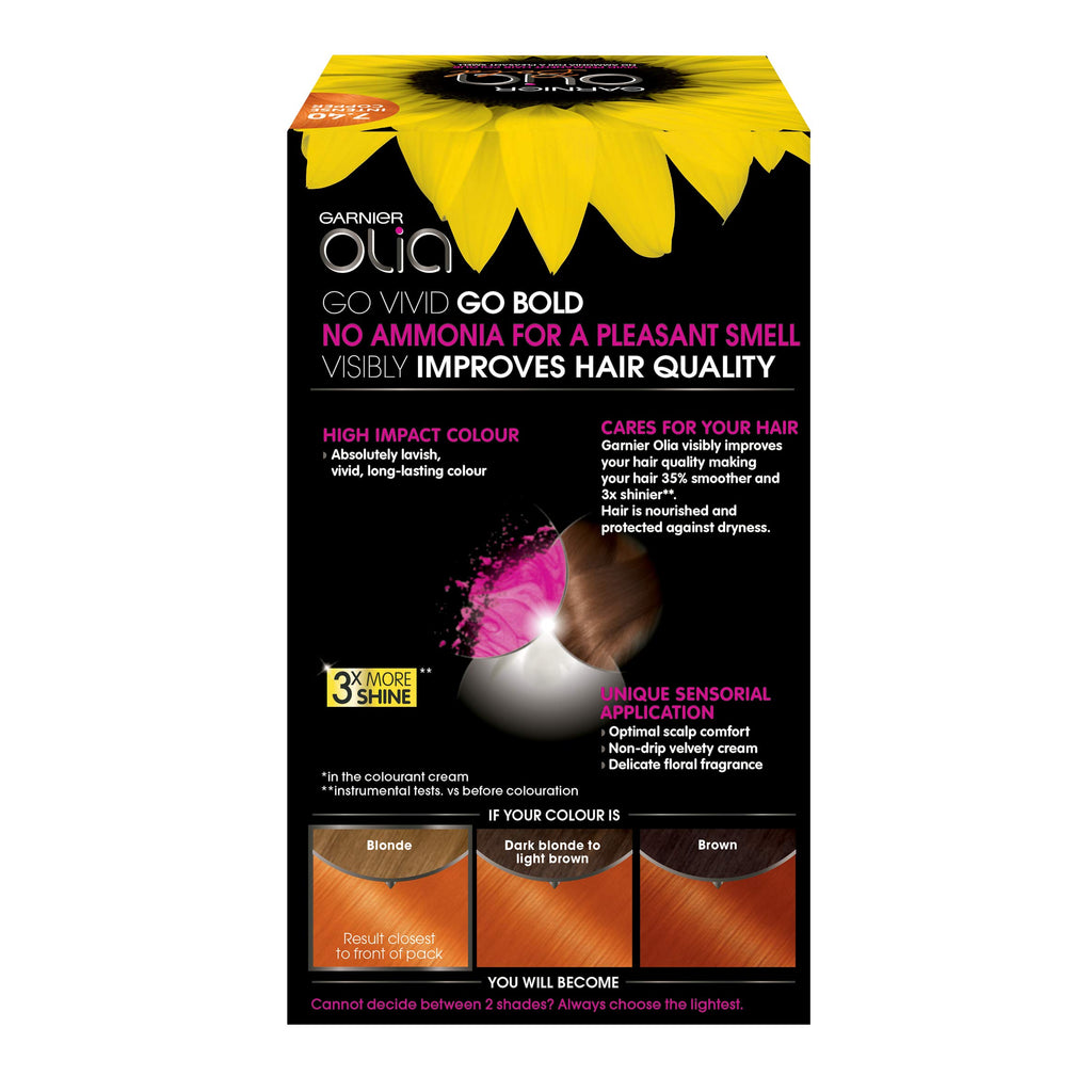 Garnier Olia 7.40 Intense Copper, oil-powered, no-ammonia. 100% grey coverage. Luminous, long-lasting, vibrant intense copper hair color with ultimate shine and softness. - Damaged Box